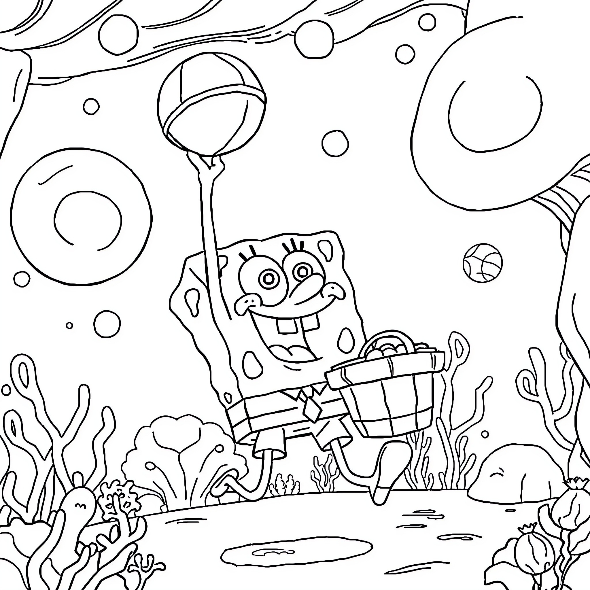 Spongebob's Underwater Antics Coloring Page (free black-and-white line drawing printable PDF for all, from beginners to advanced learners, including children, teens, adults, and seniors)
