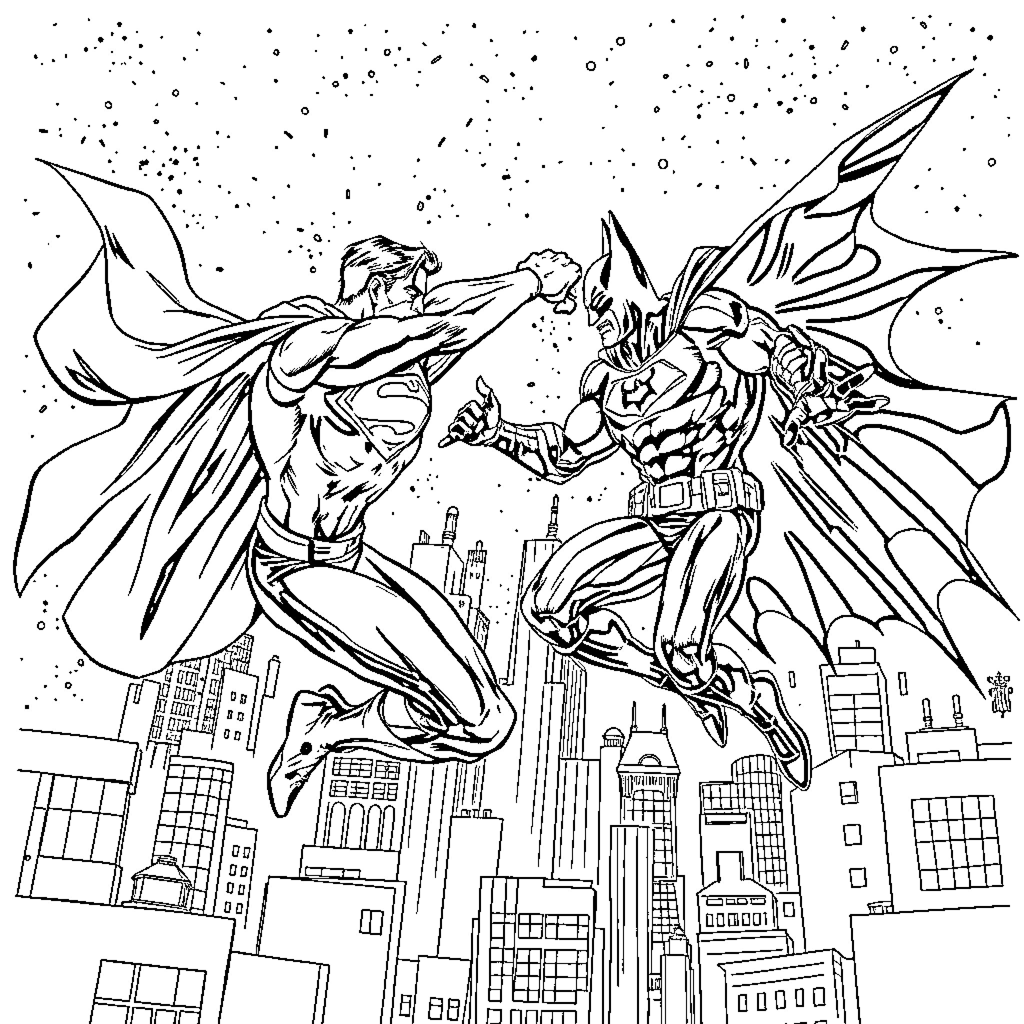 Superman fighting crime in the city Coloring Page (free black-and-white line drawing printable PDF for all, from beginners to advanced learners, including children, teens, adults, and seniors)