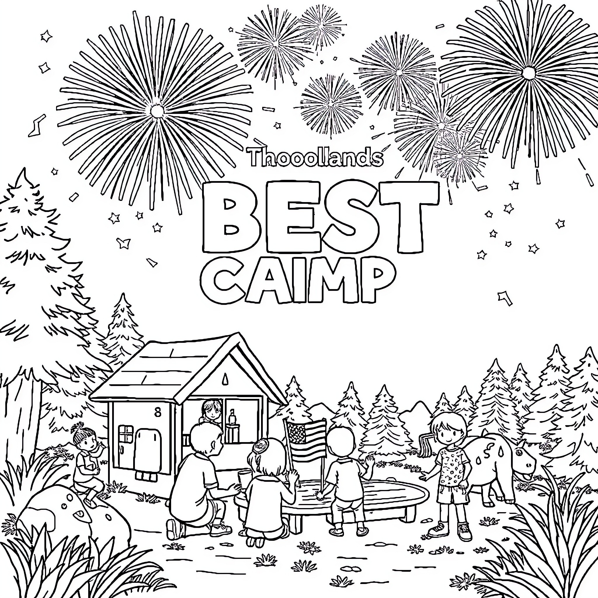 Summer Camp with Festive Fireworks and Outdoor Fun Coloring Page (free black-and-white line drawing printable PDF for all, from beginners to advanced learners, including children, teens, adults, and seniors)