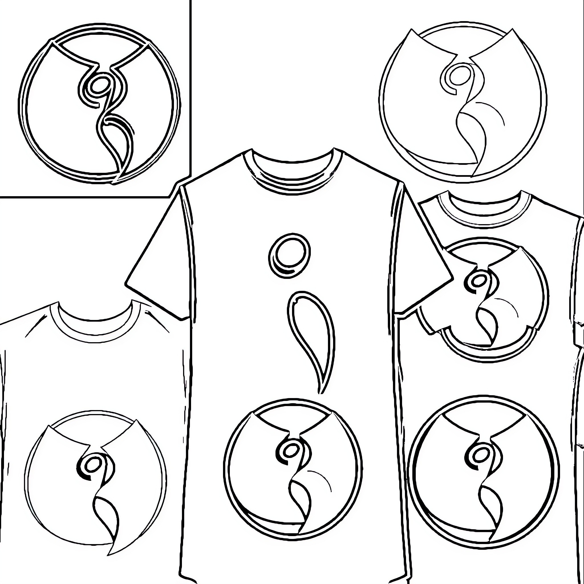 Wu-Tang Clan: Iconic Symbols and Apparel Coloring Page (free black-and-white line drawing printable PDF for all, from beginners to advanced learners, including children, teens, adults, and seniors)