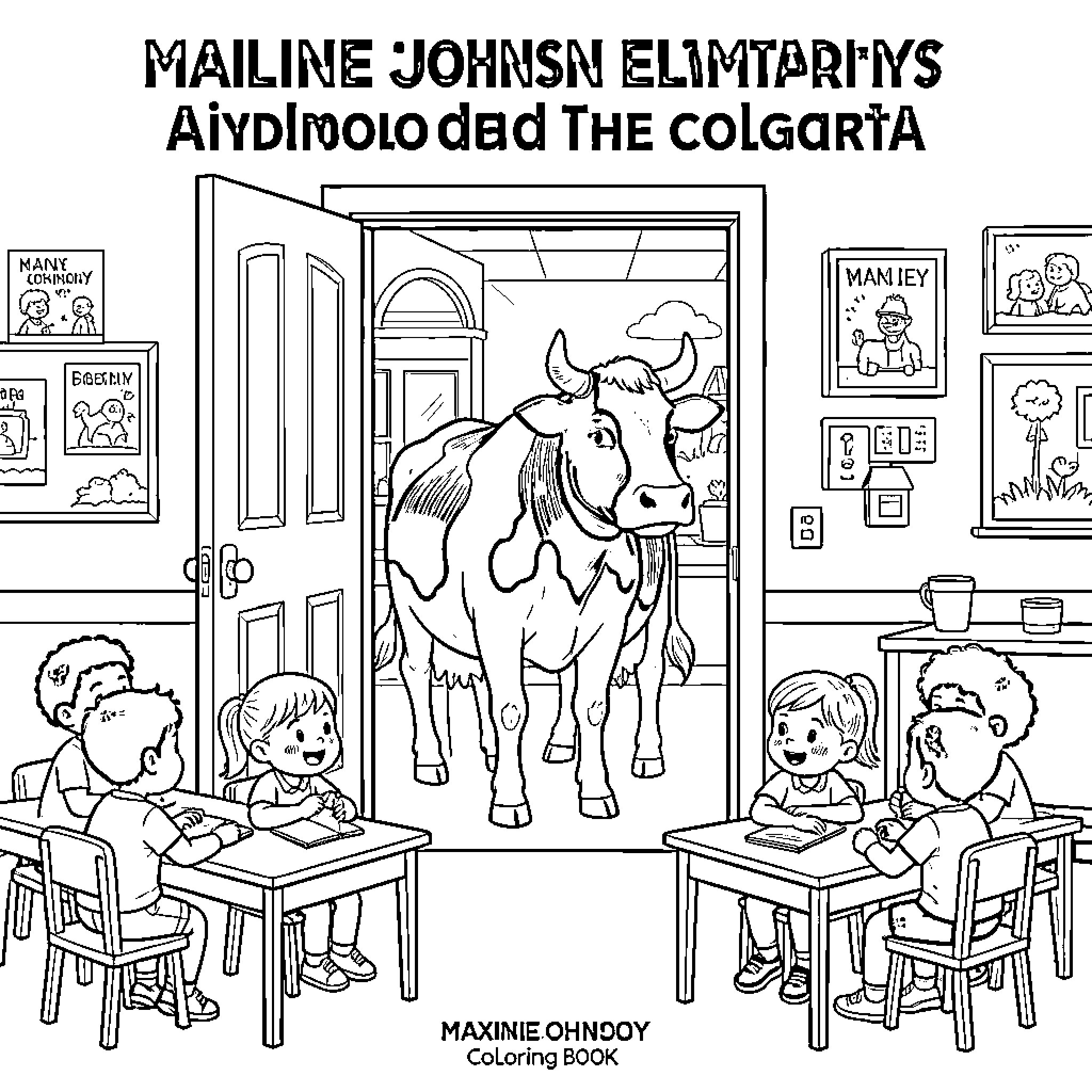 Cow standing in a doorway of a classroom Coloring Page (free black-and-white line drawing printable PDF for all, from beginners to advanced learners, including children, teens, adults, and seniors)