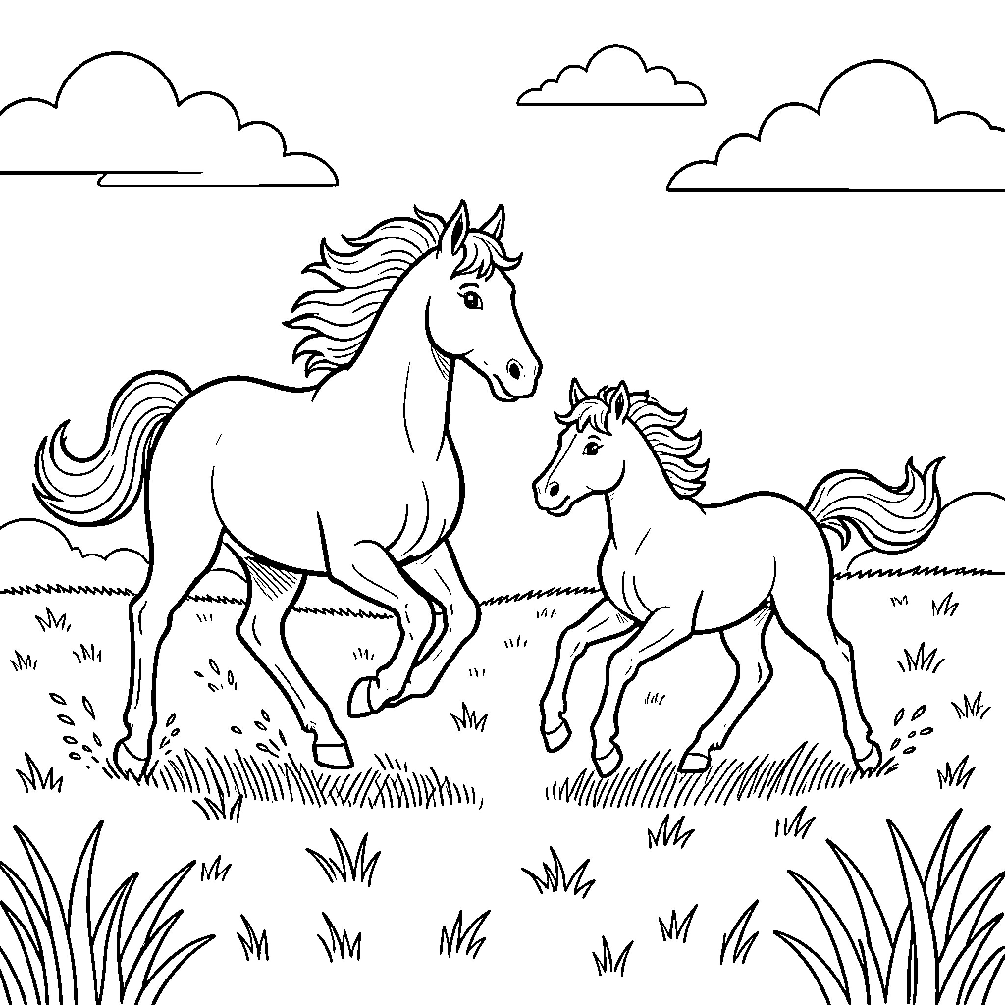 Mare and her foal galloping freely in the meadow Coloring Page (free black-and-white line drawing printable PDF for all, from beginners to advanced learners, including children, teens, adults, and seniors)