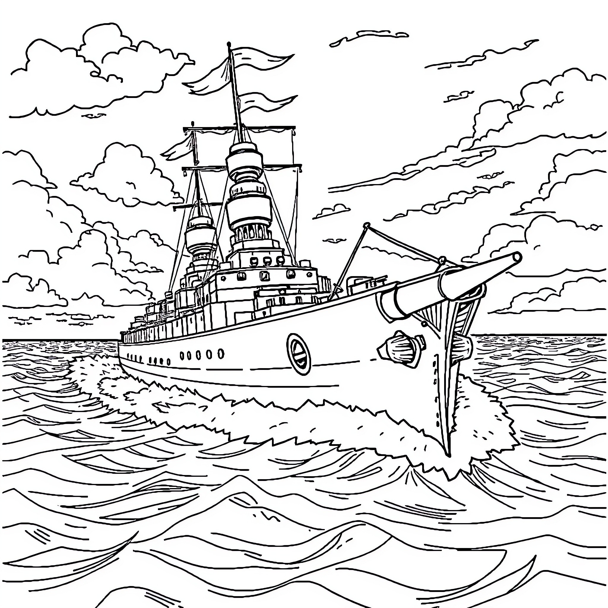 Battleship sailing through stormy seas Coloring Page (free black-and-white line drawing printable PDF for all, from beginners to advanced learners, including children, teens, adults, and seniors)