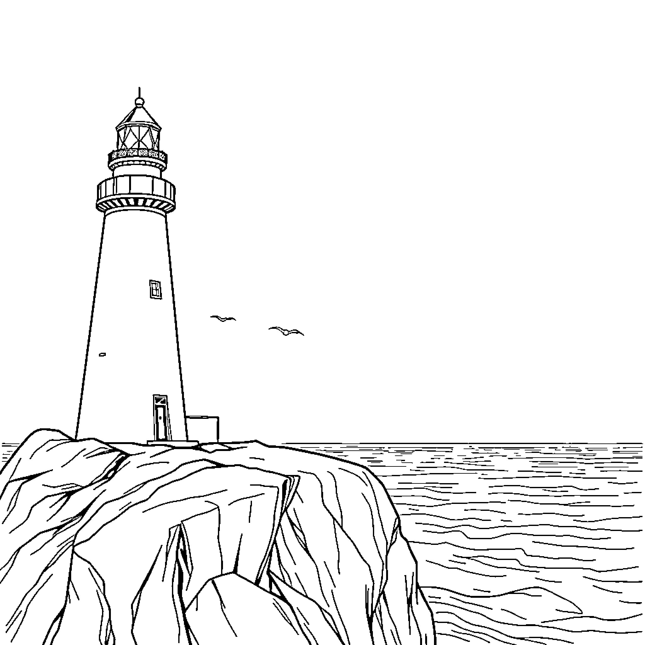Lighthouse standing tall on rocky cliffs Coloring Page (free black-and-white line drawing printable PDF for all, from beginners to advanced learners, including children, teens, adults, and seniors)