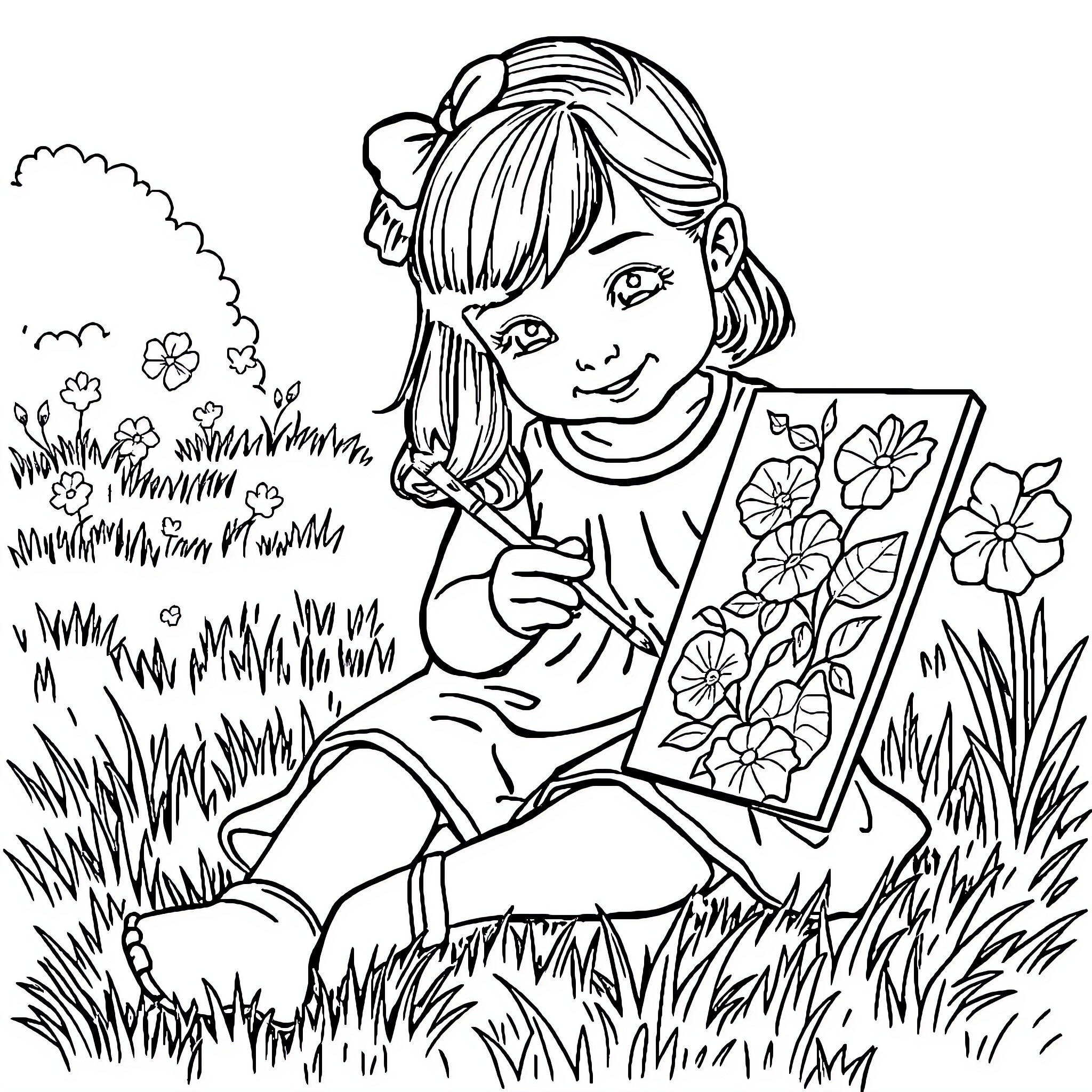 Girl Drawing Flowers in the Meadow Coloring Page (free black-and-white line drawing printable PDF for all, from beginners to advanced learners, including children, teens, adults, and seniors)