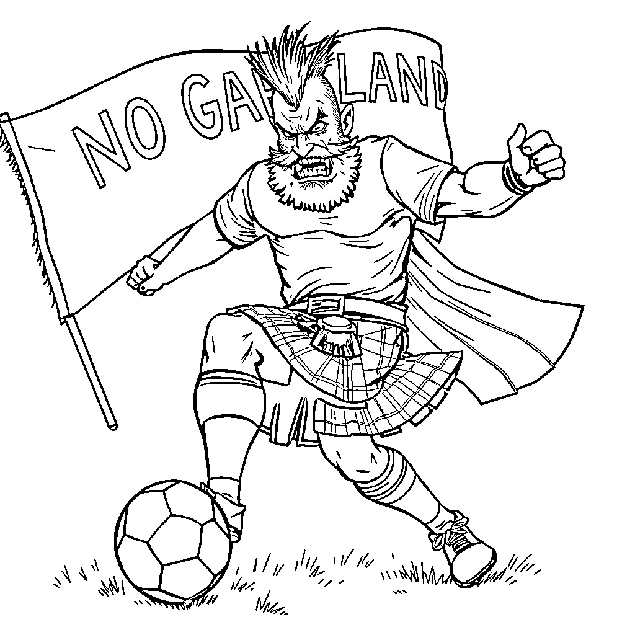 Scotsman protesting with a flag against 'no gay land' Coloring Page (free black-and-white line drawing printable PDF for all, from beginners to advanced learners, including children, teens, adults, and seniors)