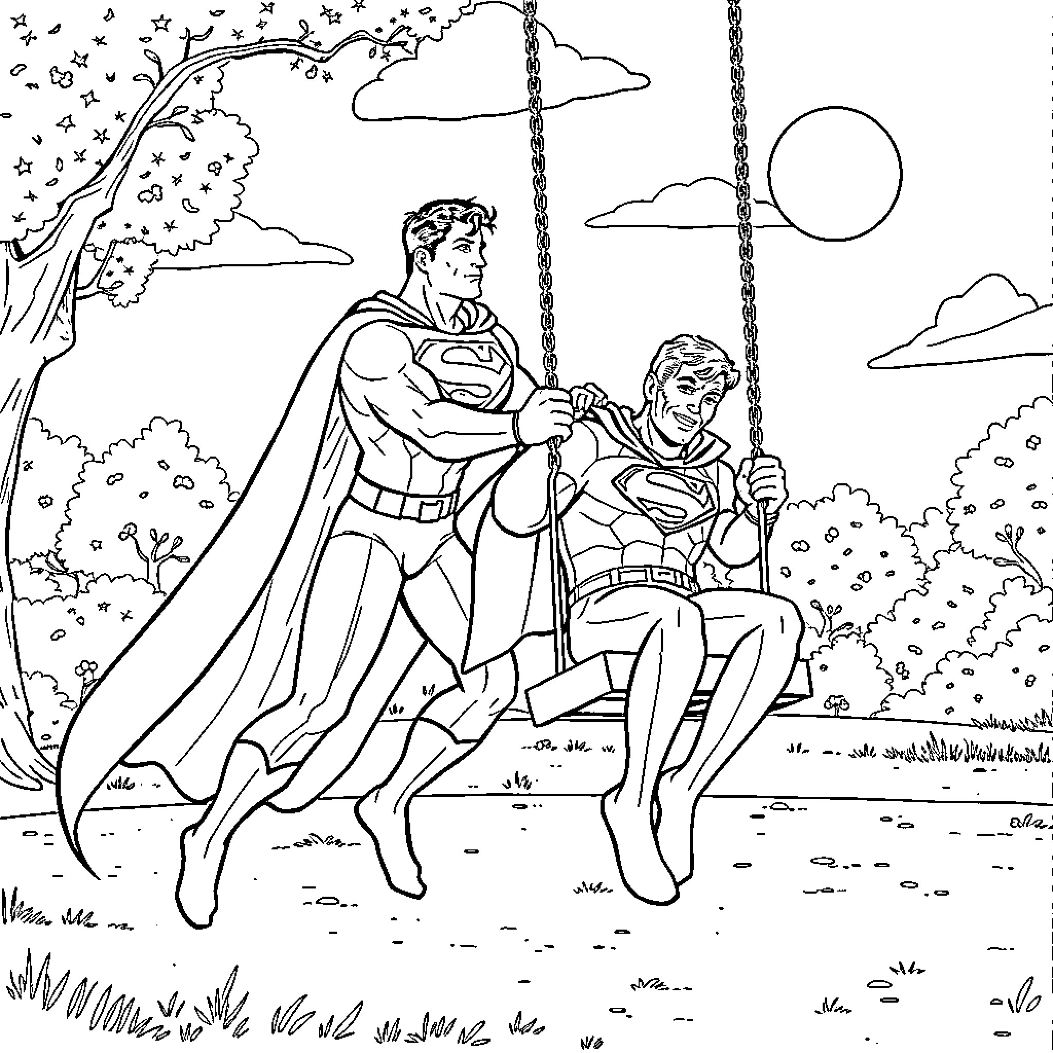 Superman and Superhero Friends Relaxing Outdoors Coloring Page (free black-and-white line drawing printable PDF for all, from beginners to advanced learners, including children, teens, adults, and seniors)