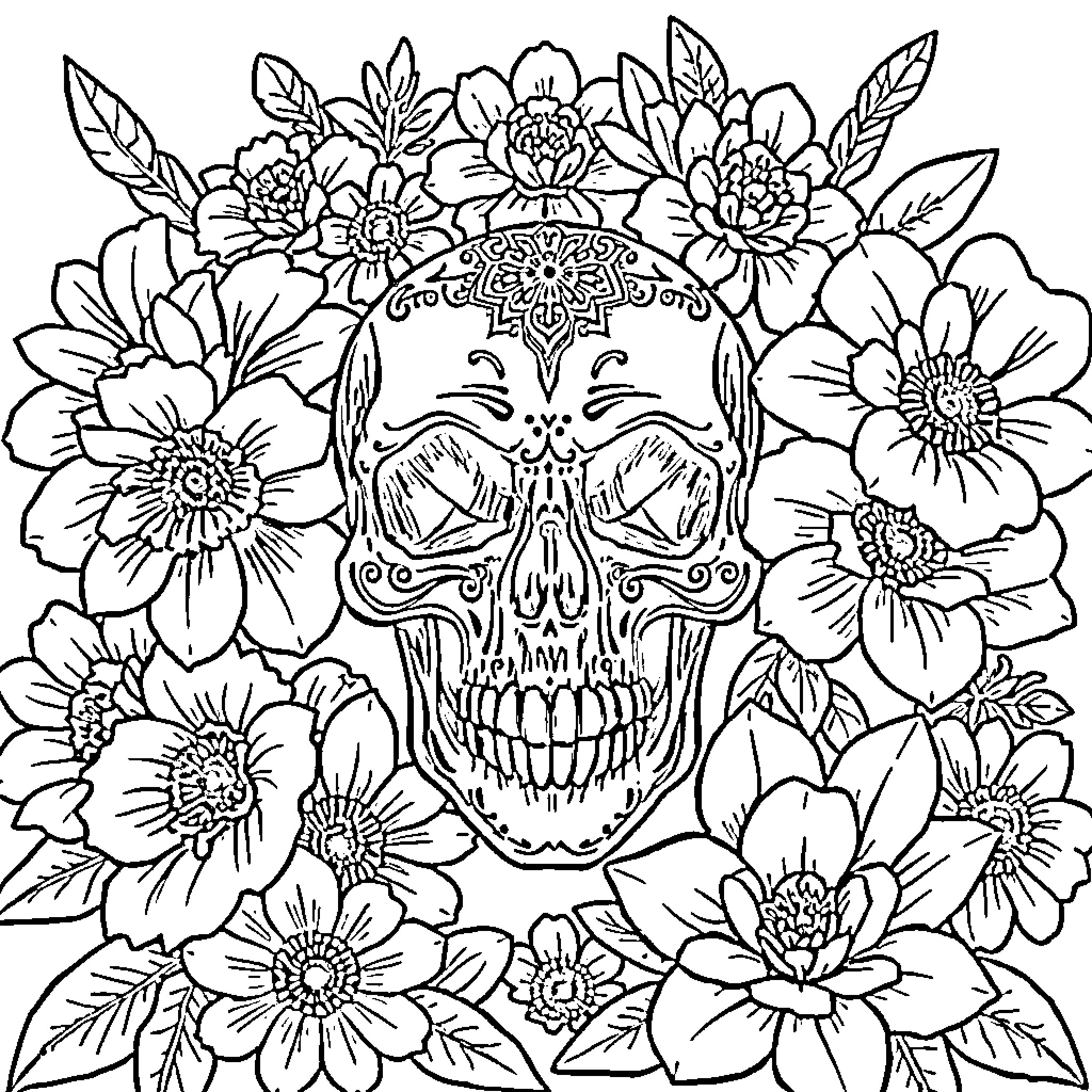 Skull surrounded by detailed floral patterns Coloring Page (free black-and-white line drawing printable PDF for all, from beginners to advanced learners, including children, teens, adults, and seniors)