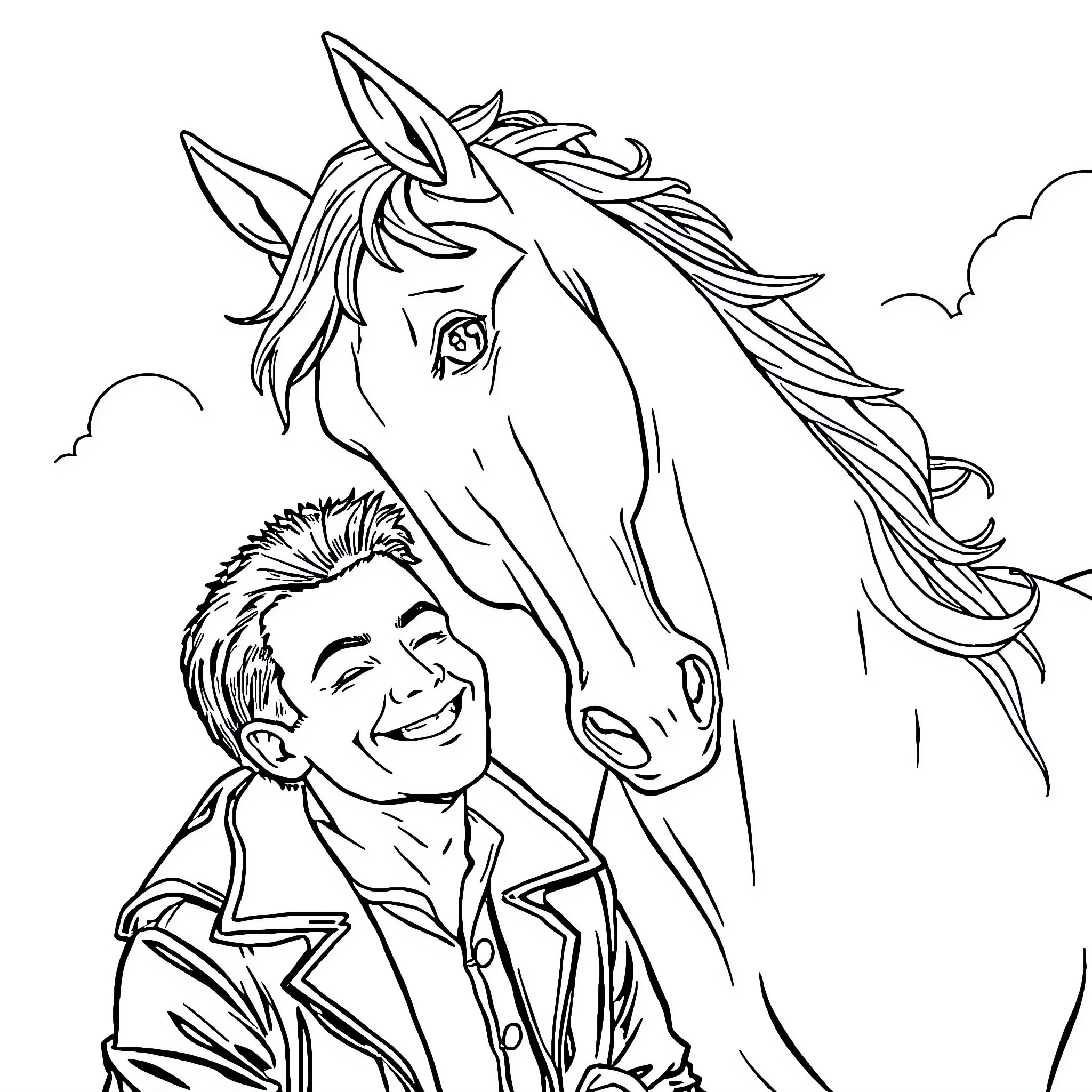 Horse and rider sharing a joyful moment Coloring Page (free black-and-white line drawing printable PDF for all, from beginners to advanced learners, including children, teens, adults, and seniors)