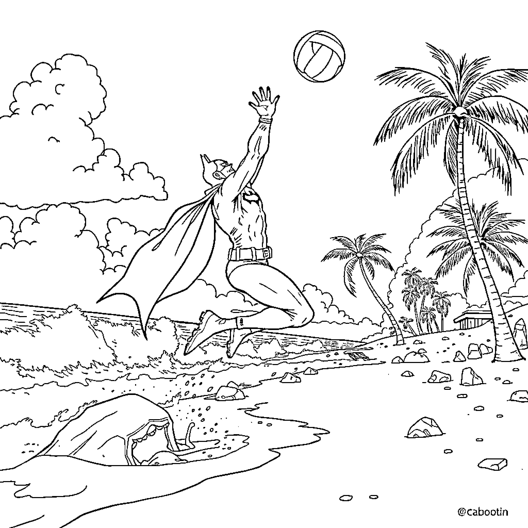Batman soaring over a tropical beach landscape Coloring Page (free black-and-white line drawing printable PDF for all, from beginners to advanced learners, including children, teens, adults, and seniors)