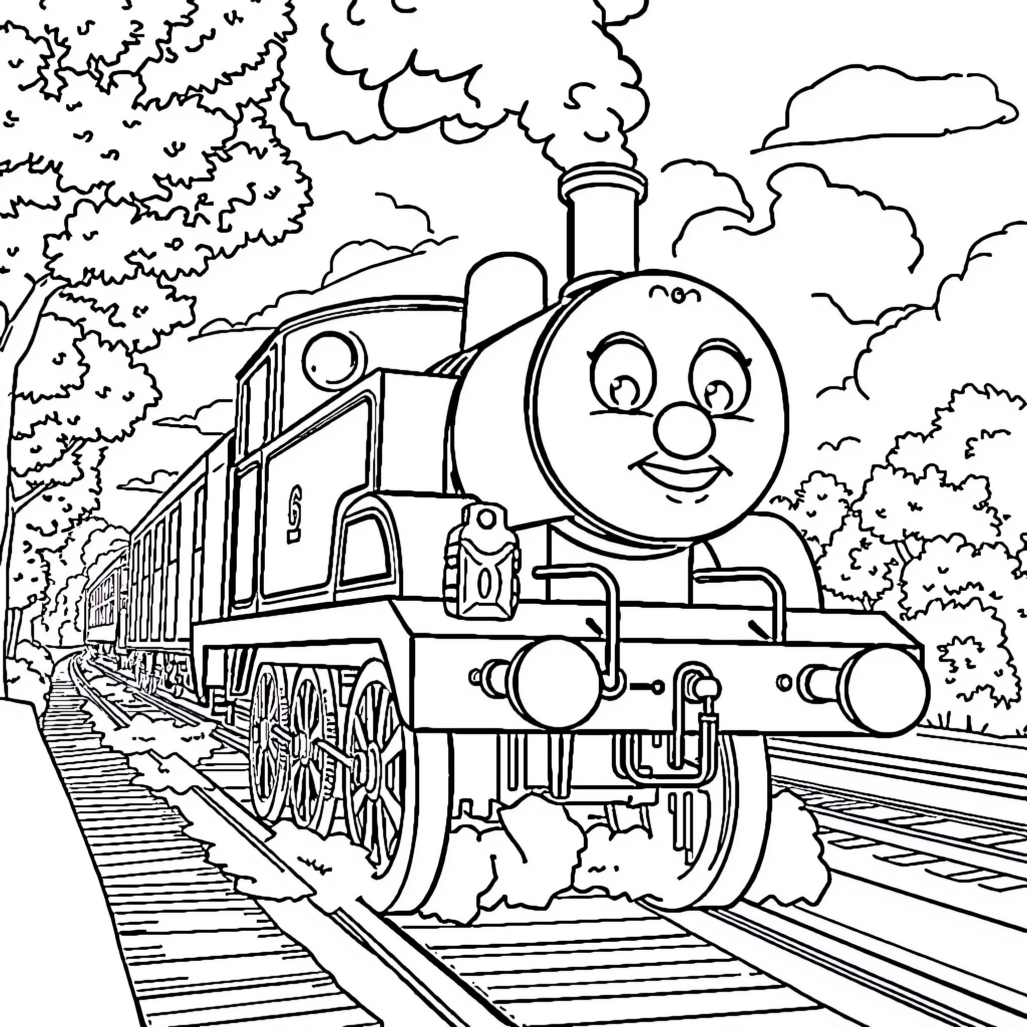 Thomas the Happy Train Chugging Through the Countryside Coloring Page (free black-and-white line drawing printable PDF for all, from beginners to advanced learners, including children, teens, adults, and seniors)