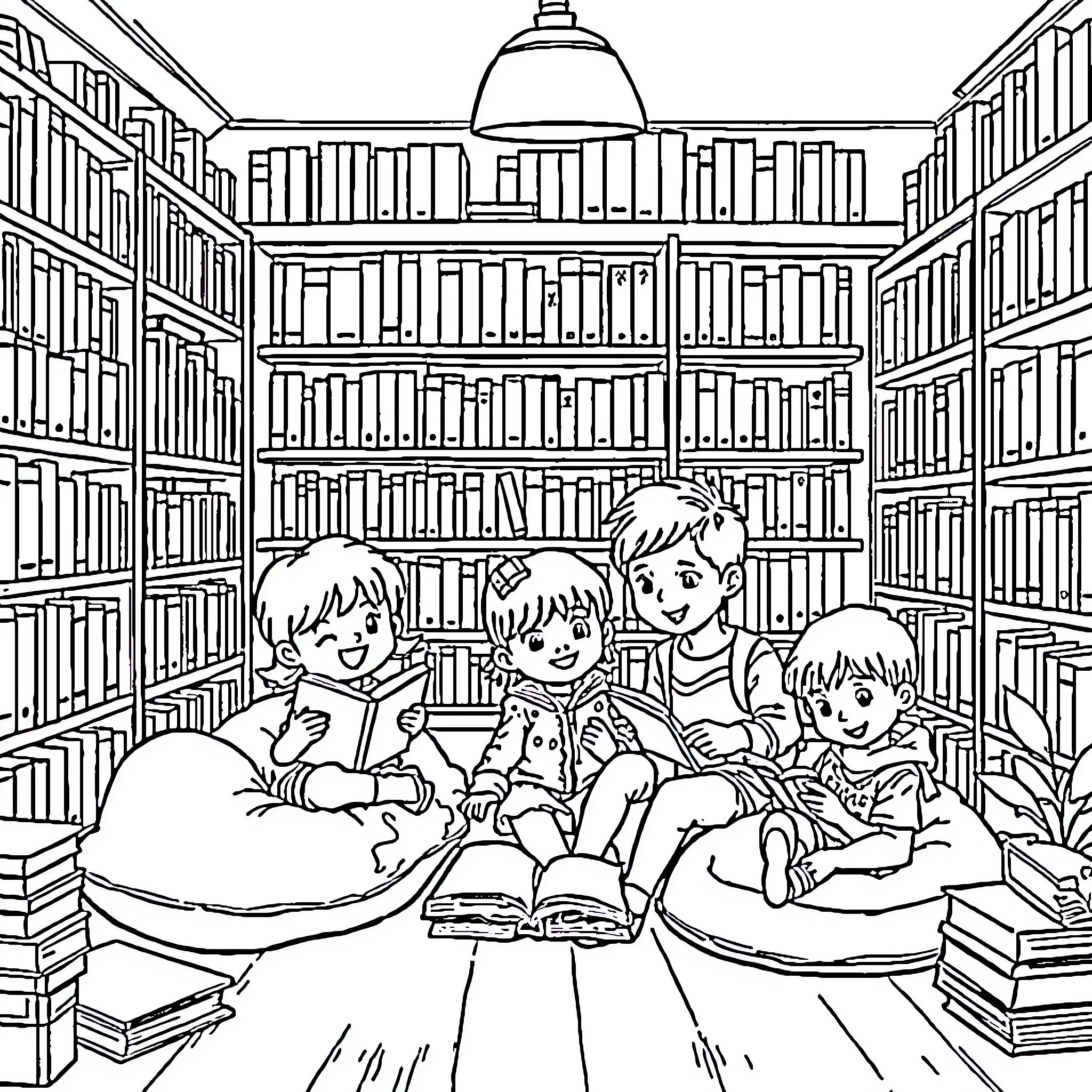 Child Learning and Reading in Library Coloring Page (free black-and-white line drawing printable PDF for all, from beginners to advanced learners, including children, teens, adults, and seniors)