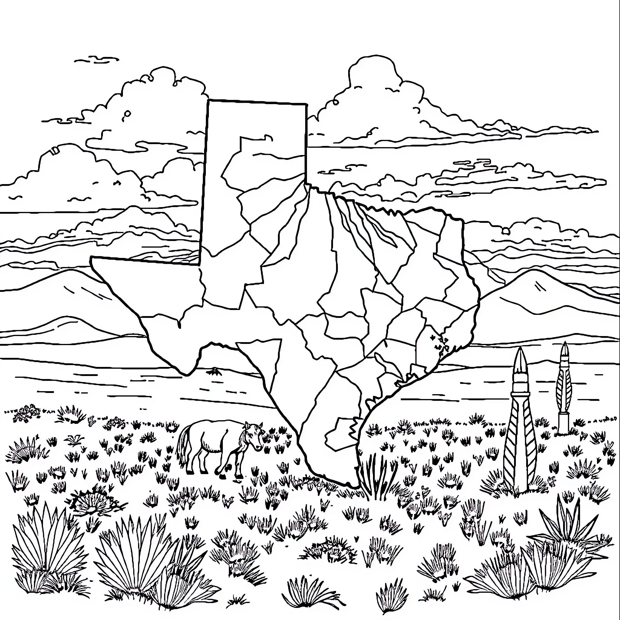 Texas Wilderness Landscape with Wildlife Coloring Page (free black-and-white line drawing printable PDF for all, from beginners to advanced learners, including children, teens, adults, and seniors)