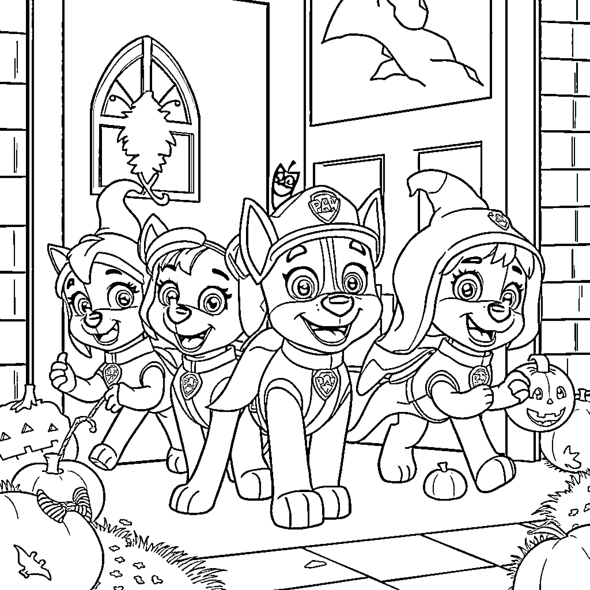 Paw Patrol Pups Ready for Adventure Coloring Page (free black-and-white line drawing printable PDF for all, from beginners to advanced learners, including children, teens, adults, and seniors)