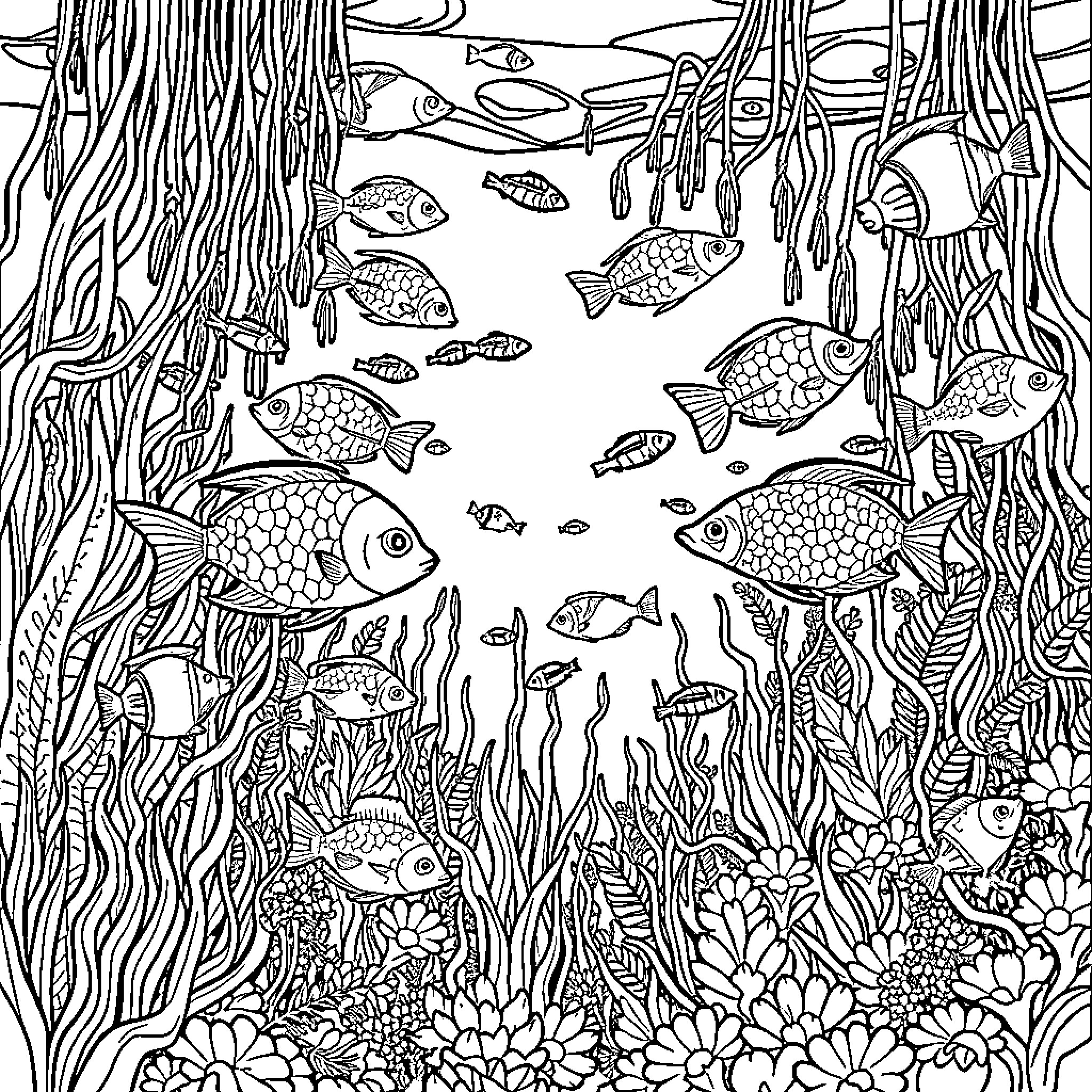 Sea Life Underwater Scene Coloring Page (free black-and-white line drawing printable PDF for all, from beginners to advanced learners, including children, teens, adults, and seniors)