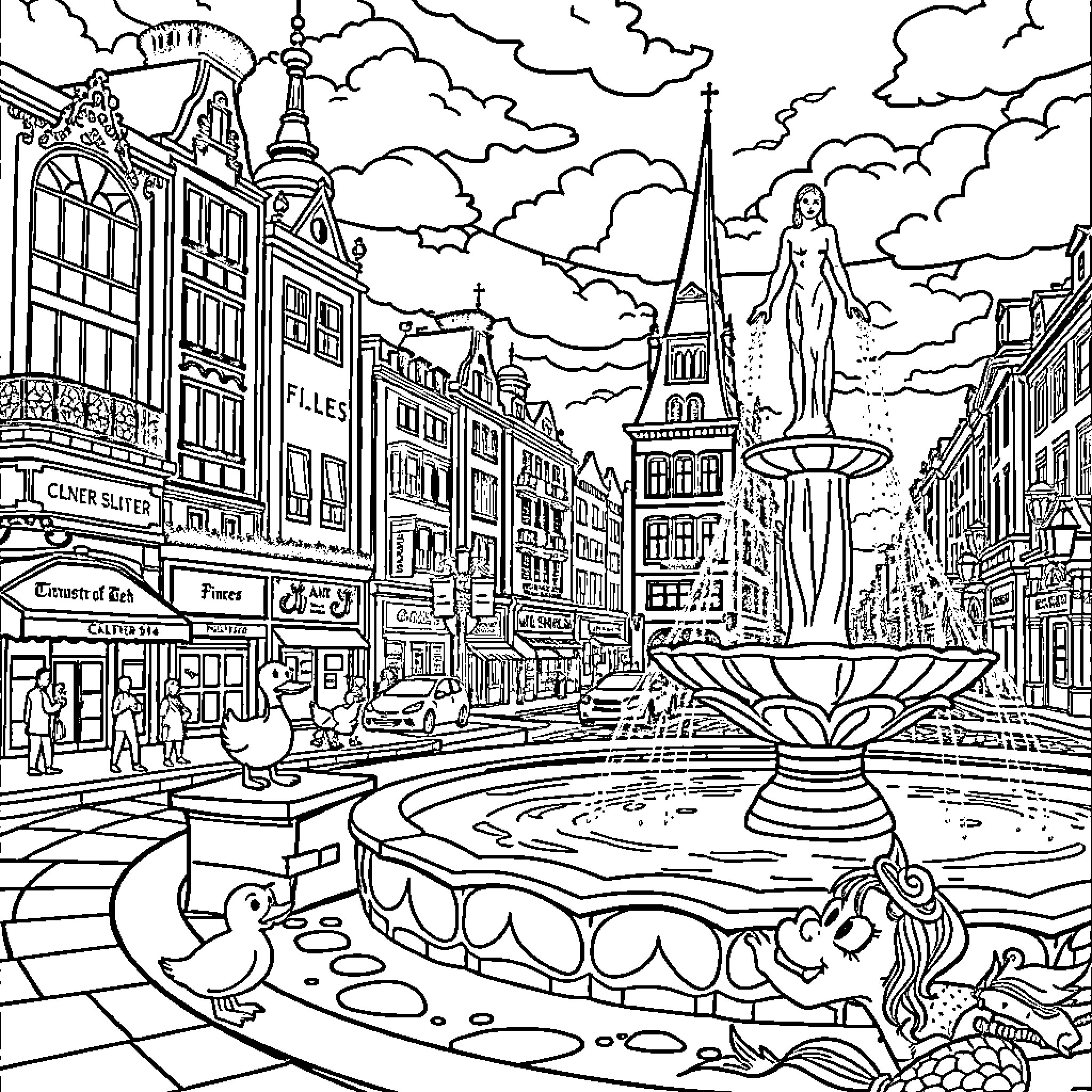 Duck enjoys a scenic city fountain display Coloring Page (free black-and-white line drawing printable PDF for all, from beginners to advanced learners, including children, teens, adults, and seniors)