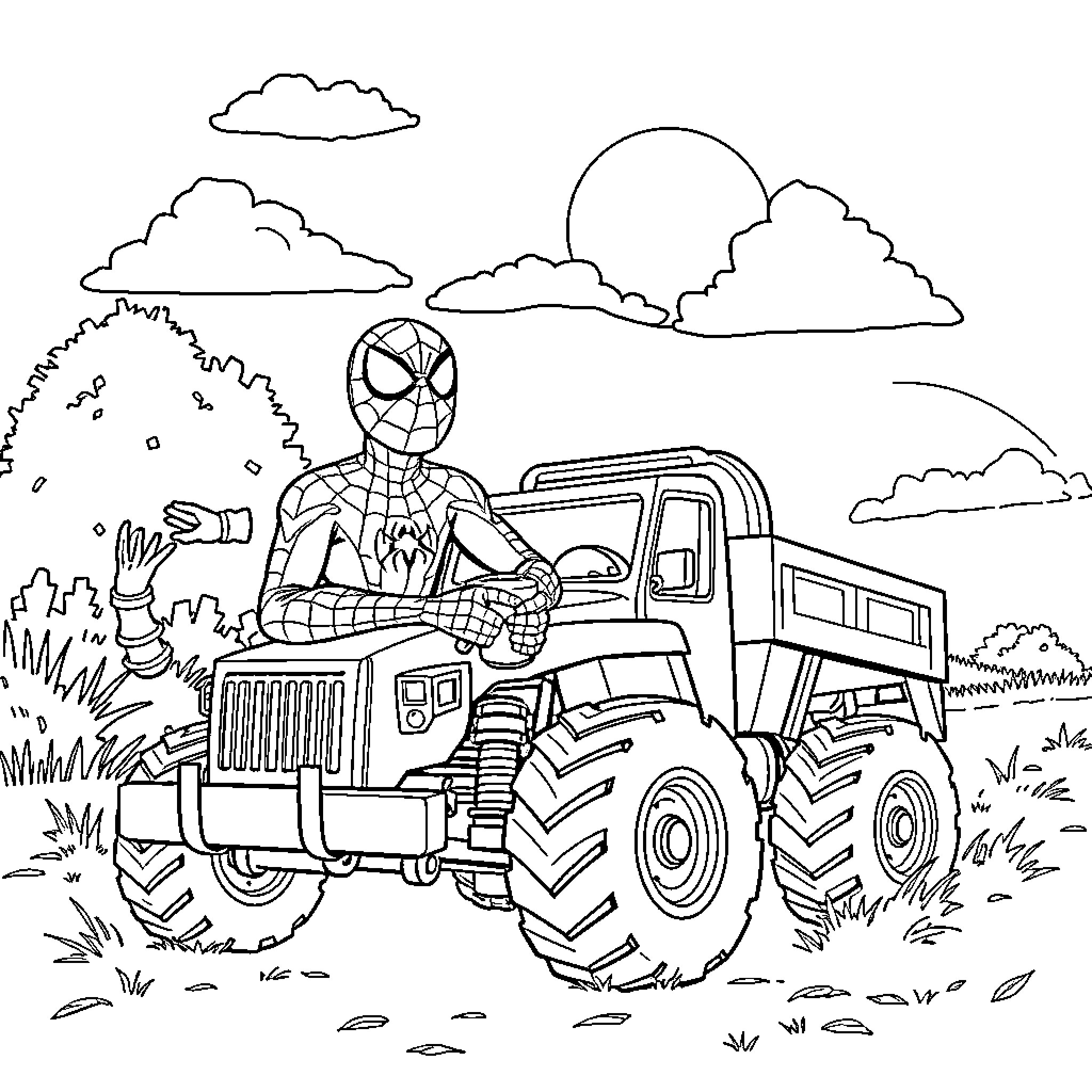 Spider-Man Driving a Tractor Through the Countryside Coloring Page (free black-and-white line drawing printable PDF for all, from beginners to advanced learners, including children, teens, adults, and seniors)