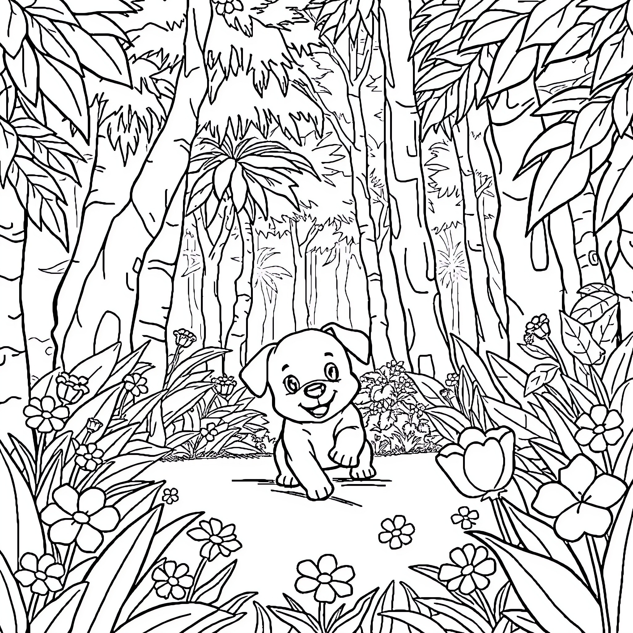 Puppy exploring the lush forest landscape Coloring Page (free black-and-white line drawing printable PDF for all, from beginners to advanced learners, including children, teens, adults, and seniors)