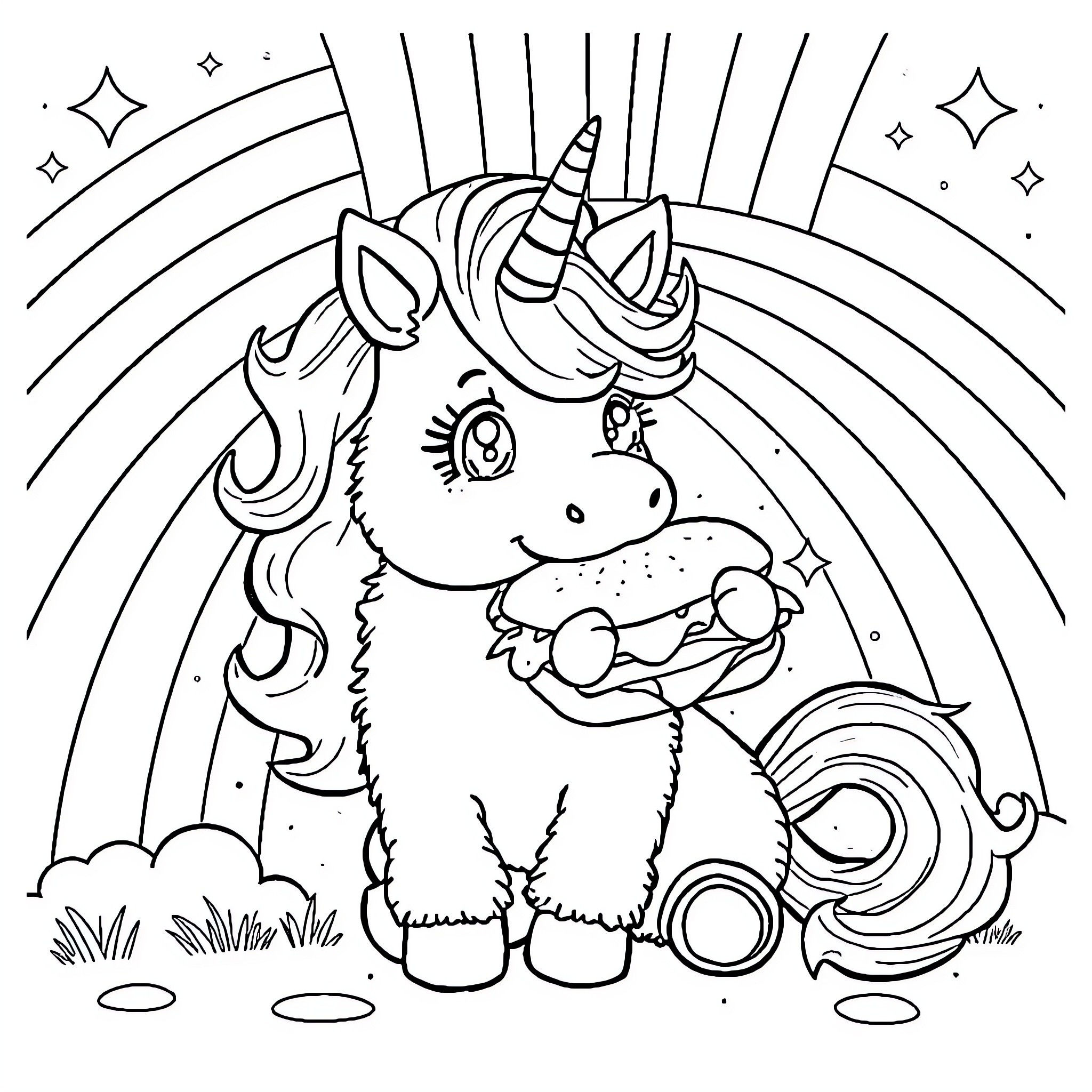 Unicorn playing joyfully in a magical setting Coloring Page (free black-and-white line drawing printable PDF for all, from beginners to advanced learners, including children, teens, adults, and seniors)