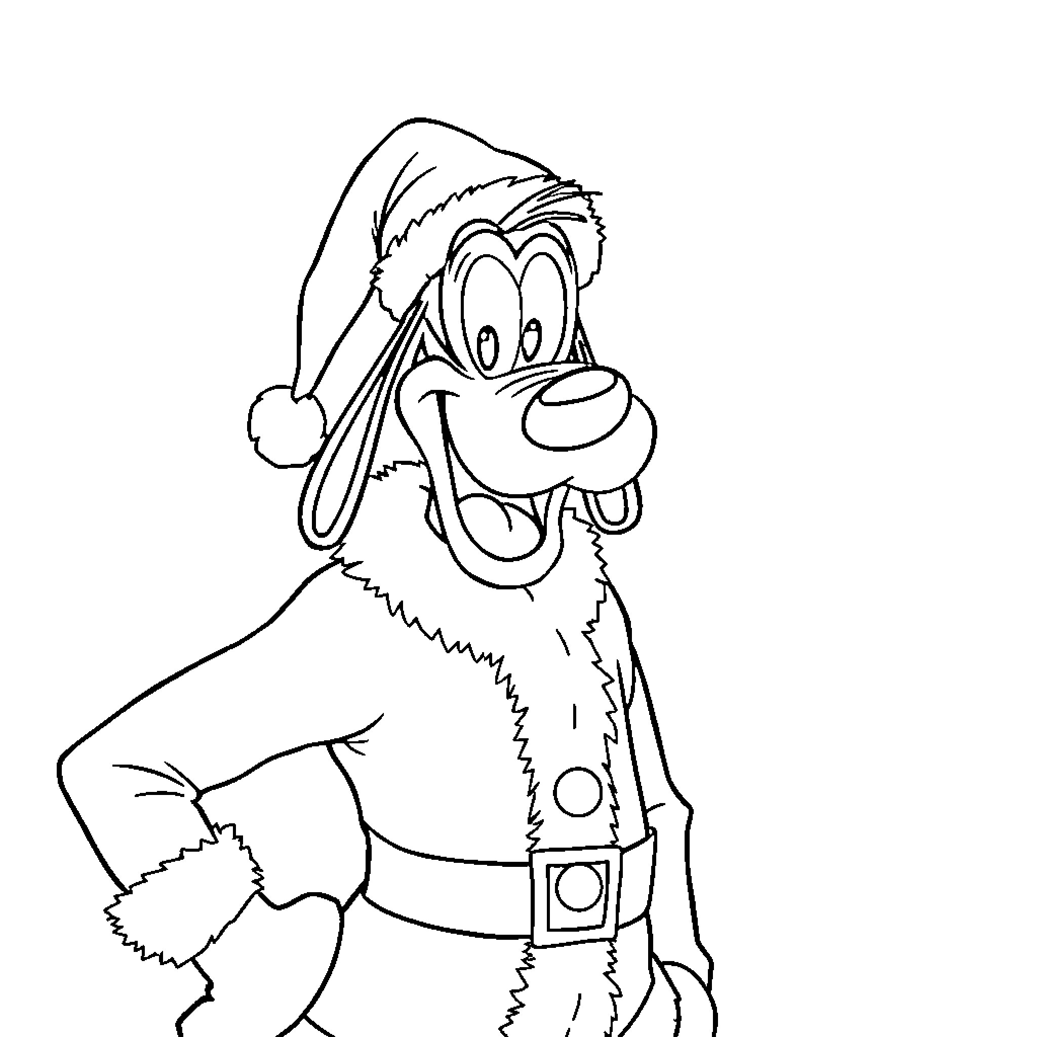 Goofy character in silly Santa outfit Coloring Page (free black-and-white line drawing printable PDF for all, from beginners to advanced learners, including children, teens, adults, and seniors)