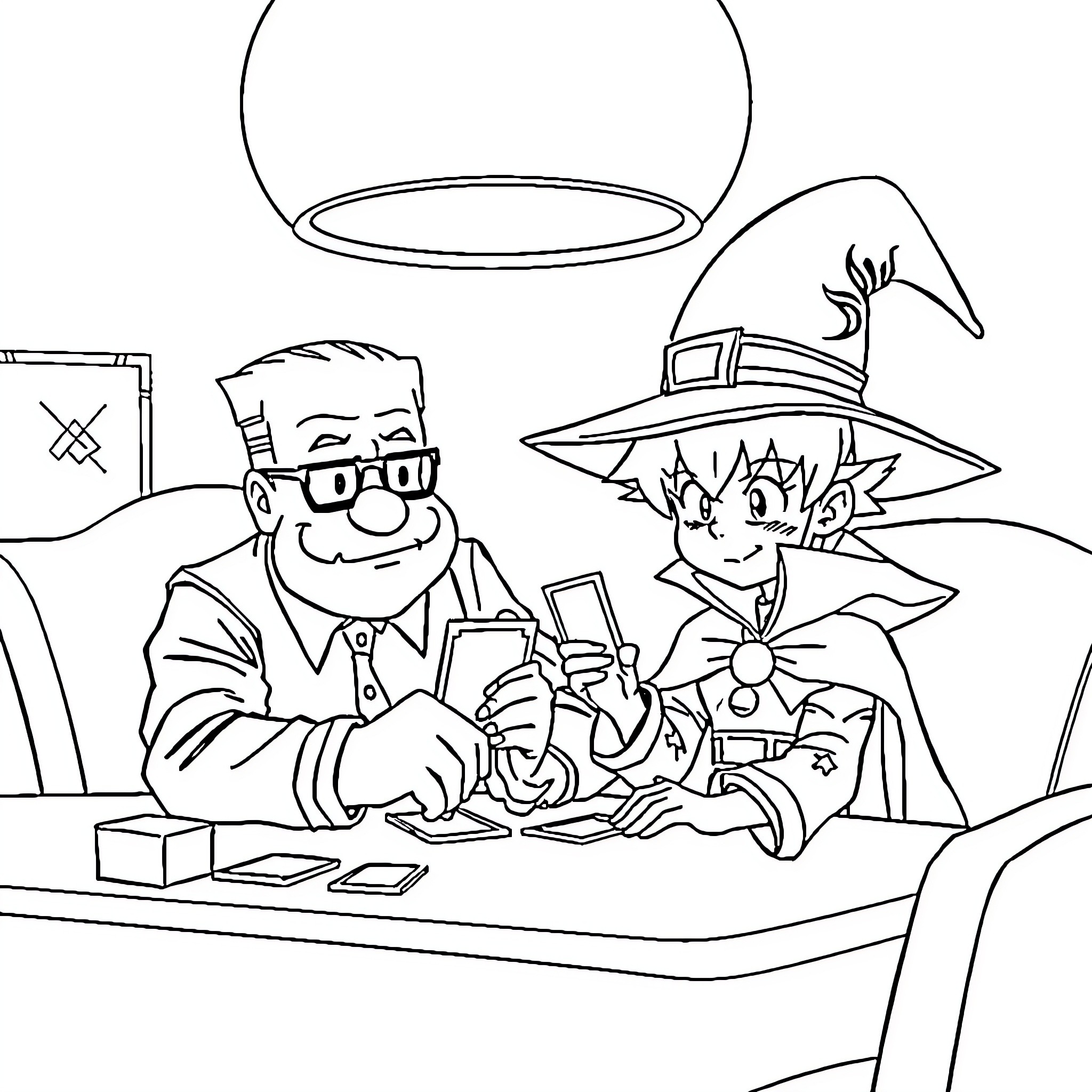Hank Hill and Wizard Selling Mysterious Items Coloring Page (free black-and-white line drawing printable PDF for all, from beginners to advanced learners, including children, teens, adults, and seniors)