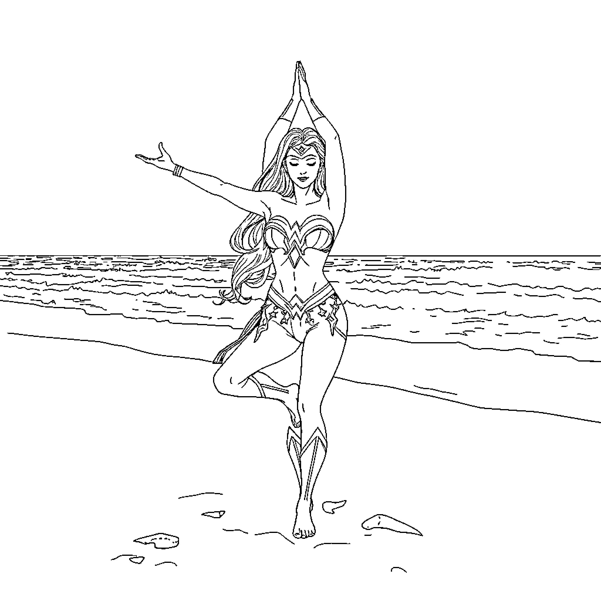 Wonder Woman Yoga Pose on the Beach Coloring Page (free black-and-white line drawing printable PDF for all, from beginners to advanced learners, including children, teens, adults, and seniors)