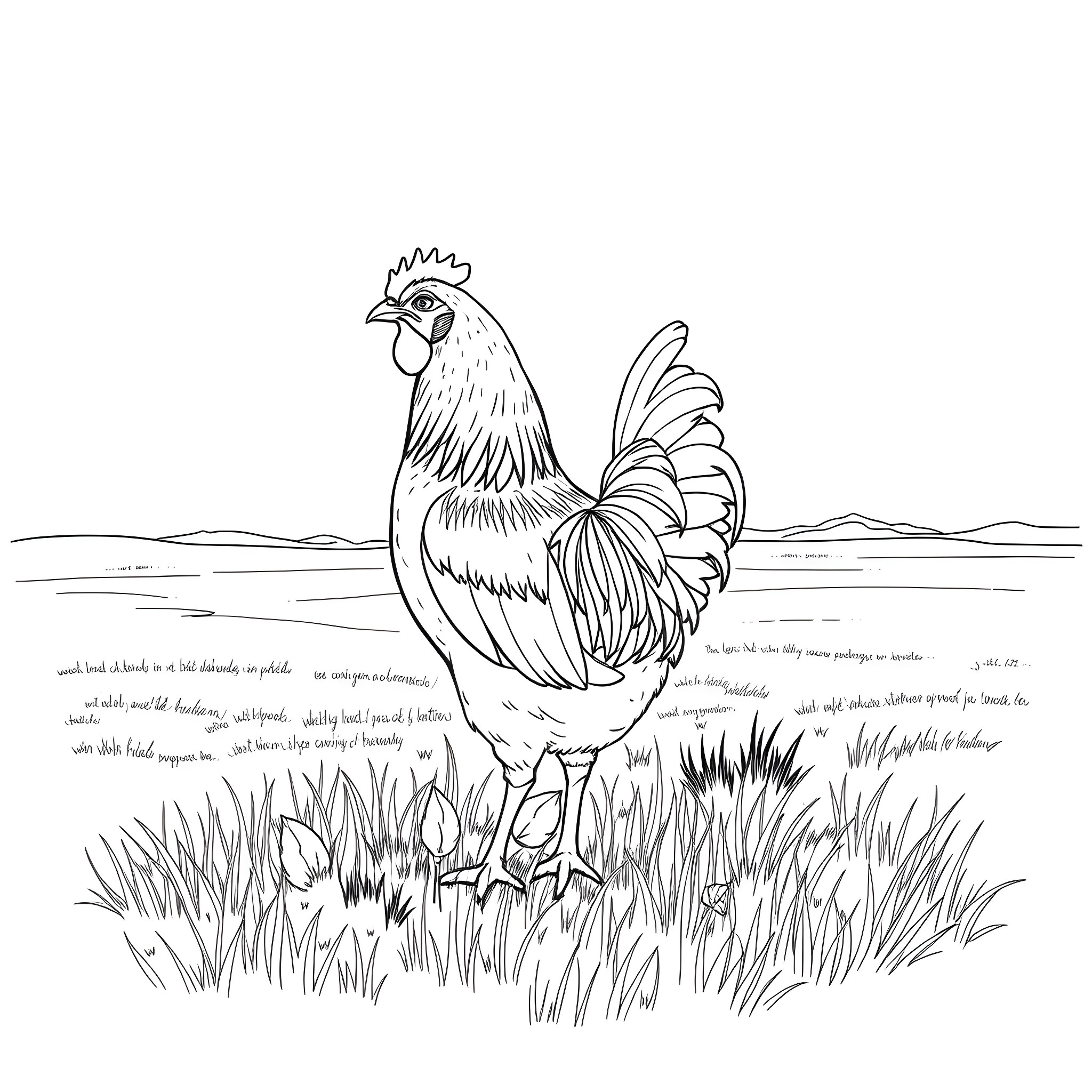 Hen roaming freely in a grassy field Coloring Page (free black-and-white line drawing printable PDF for all, from beginners to advanced learners, including children, teens, adults, and seniors)