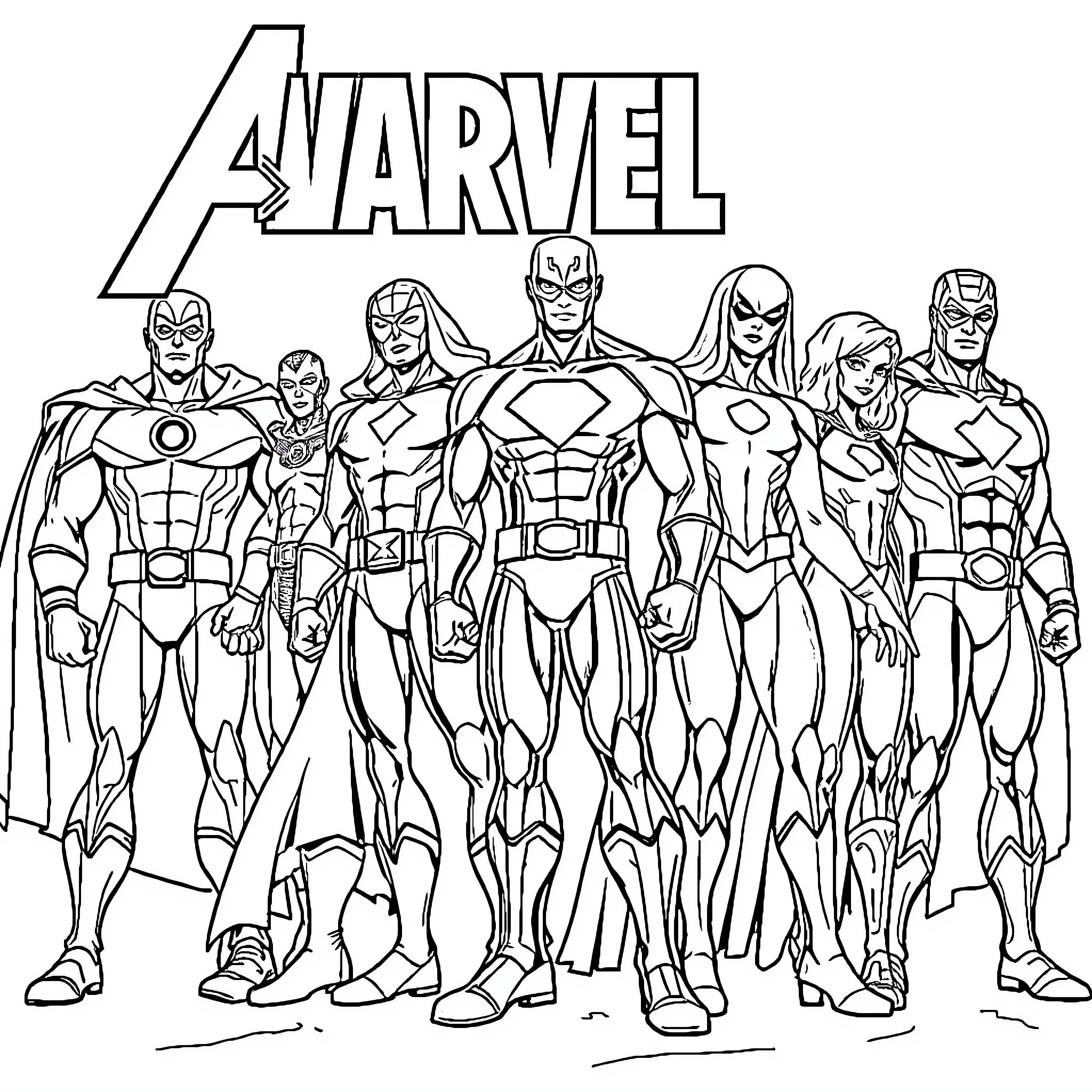 Marvel Heroes Assembling in Epic Superhero Lineup Coloring Page (free black-and-white line drawing printable PDF for all, from beginners to advanced learners, including children, teens, adults, and seniors)