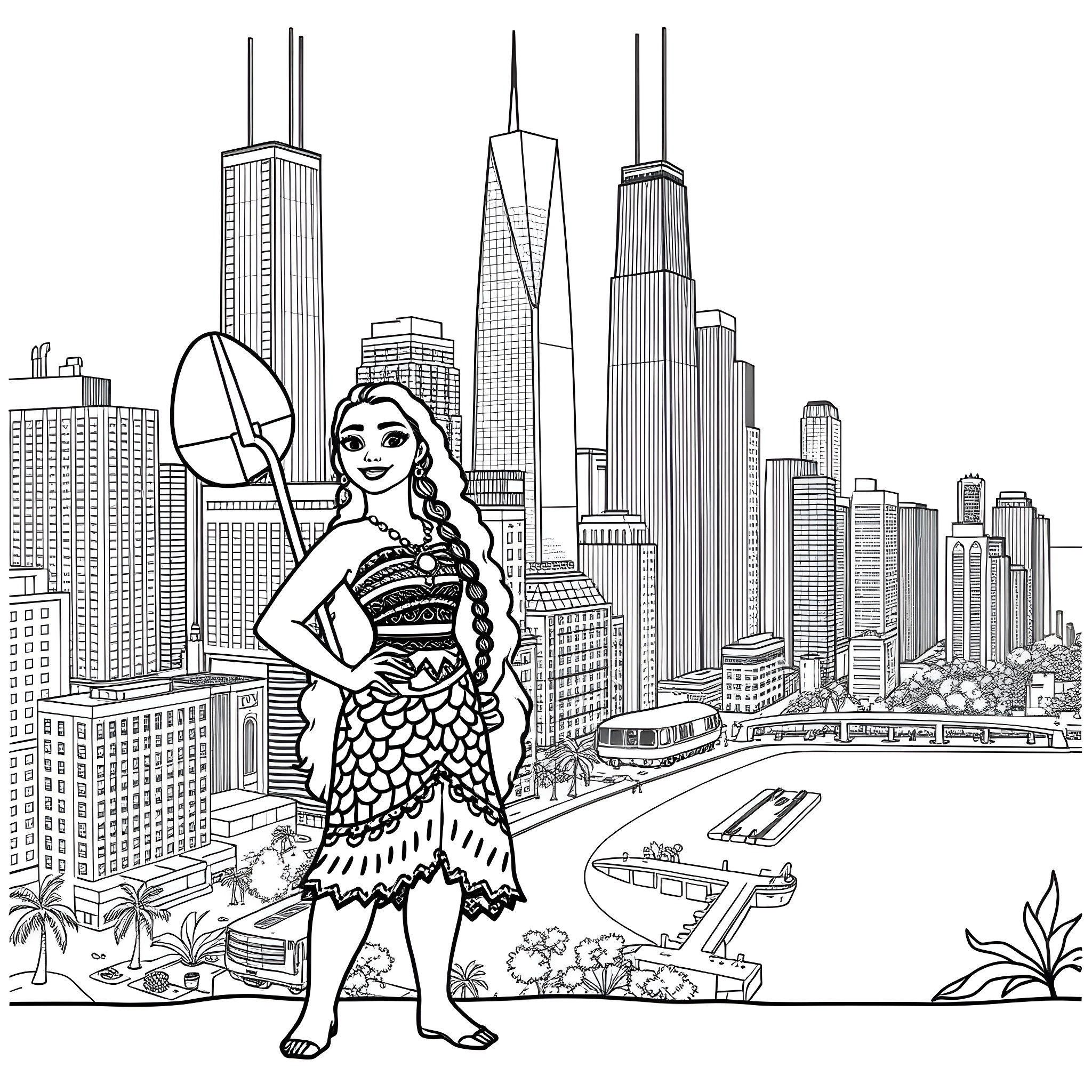 Moana exploring the bustling city skyline Coloring Page (free black-and-white line drawing printable PDF for all, from beginners to advanced learners, including children, teens, adults, and seniors)