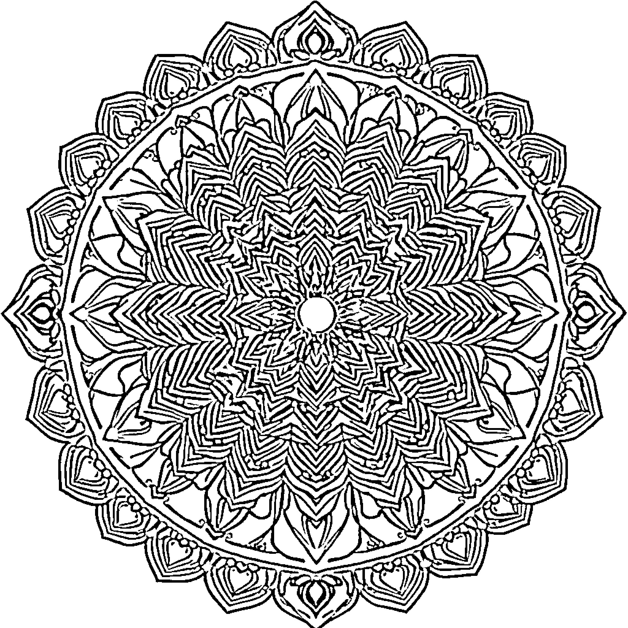 Mandalas with intricate symmetrical patterns Coloring Page (free black-and-white line drawing printable PDF for all, from beginners to advanced learners, including children, teens, adults, and seniors)