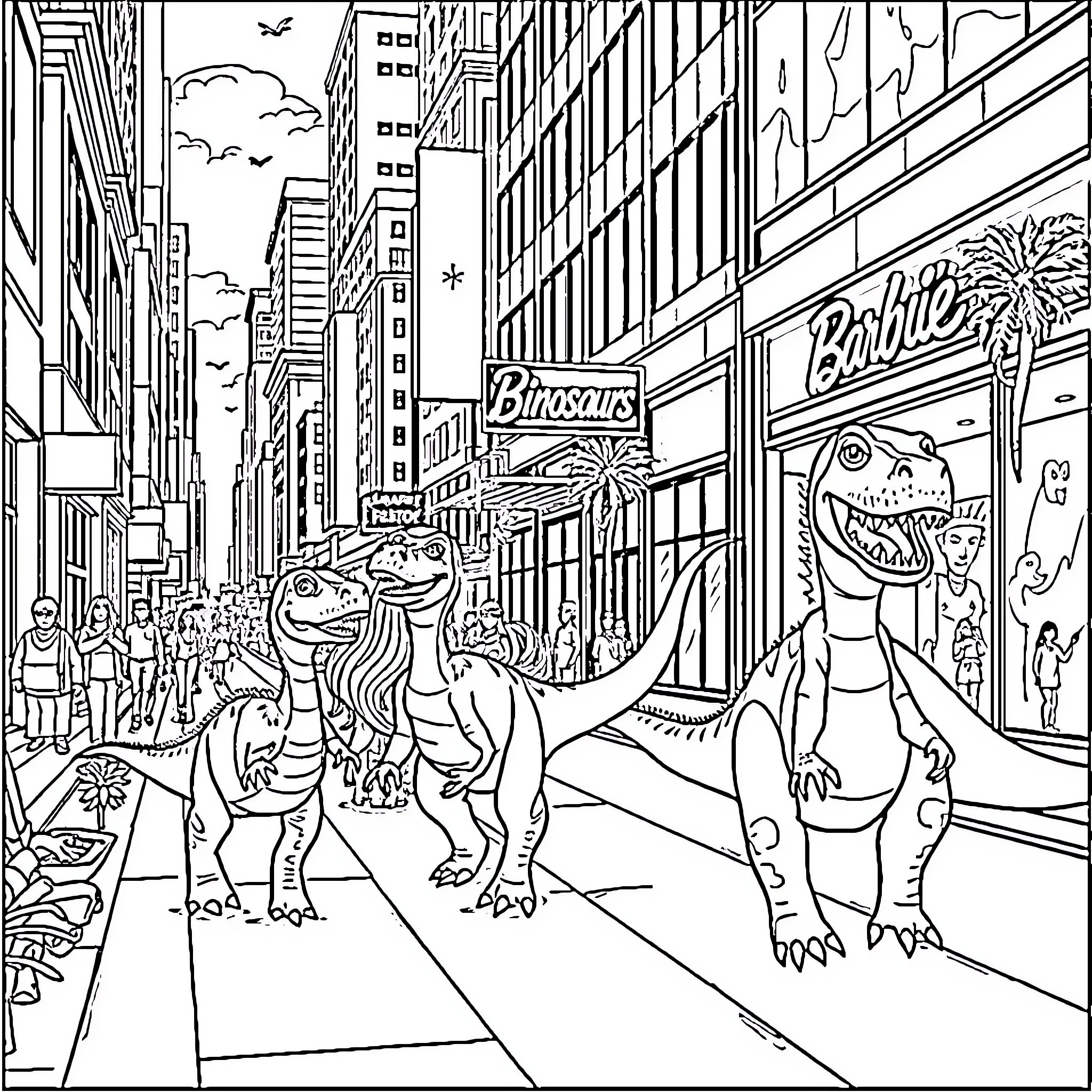 Dinosaurs walking in the city streets Coloring Page (free black-and-white line drawing printable PDF for all, from beginners to advanced learners, including children, teens, adults, and seniors)