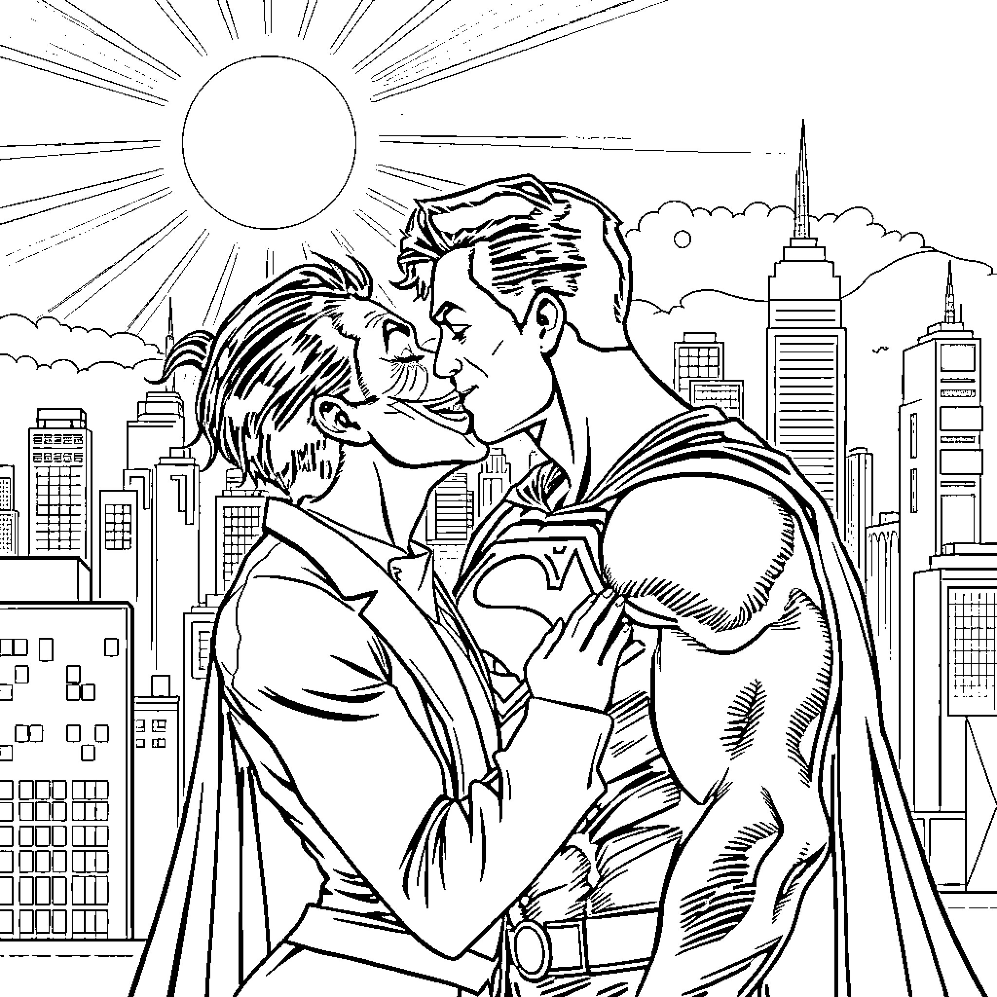 Joker embracing hero atop city skyline Coloring Page (free black-and-white line drawing printable PDF for all, from beginners to advanced learners, including children, teens, adults, and seniors)
