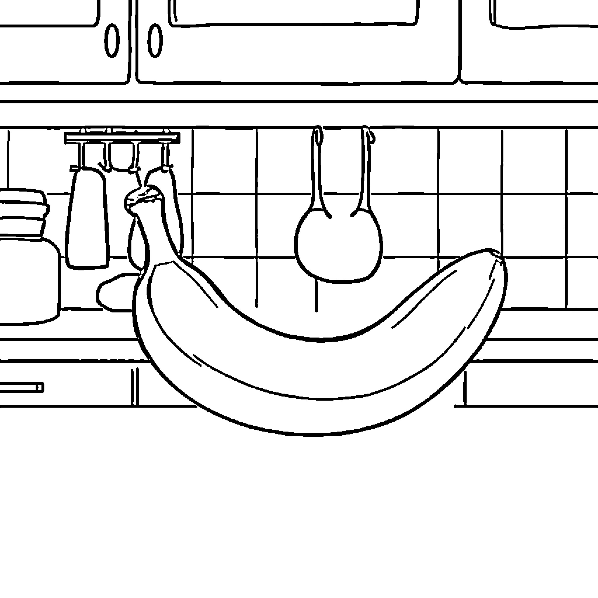 Banana hanging in kitchen with cooking utensils Coloring Page (free black-and-white line drawing printable PDF for all, from beginners to advanced learners, including children, teens, adults, and seniors)