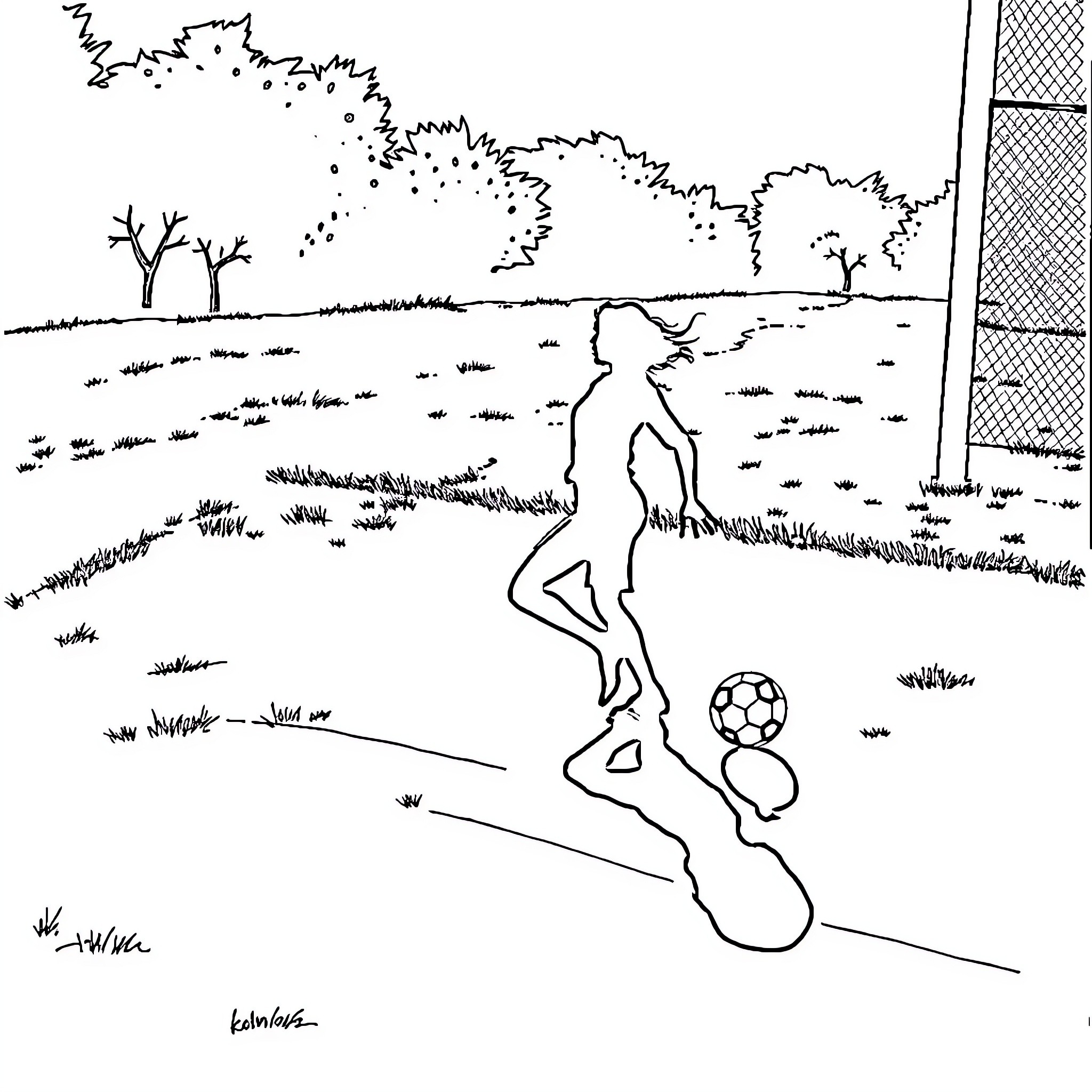 Shadow of person playing soccer in the park Coloring Page (free black-and-white line drawing printable PDF for all, from beginners to advanced learners, including children, teens, adults, and seniors)