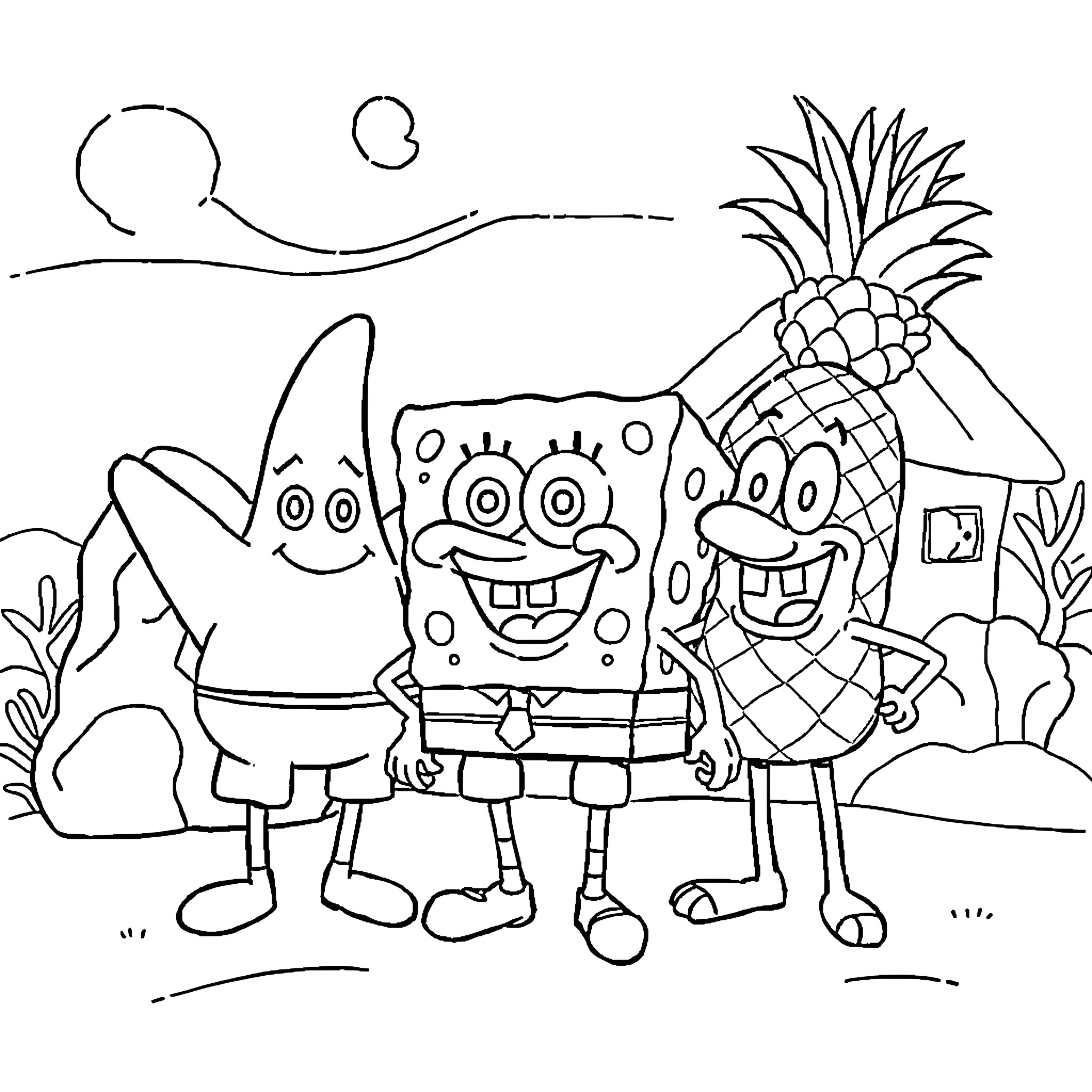 Spongebob and friends in a happy scene Coloring Page (free black-and-white line drawing printable PDF for all, from beginners to advanced learners, including children, teens, adults, and seniors)