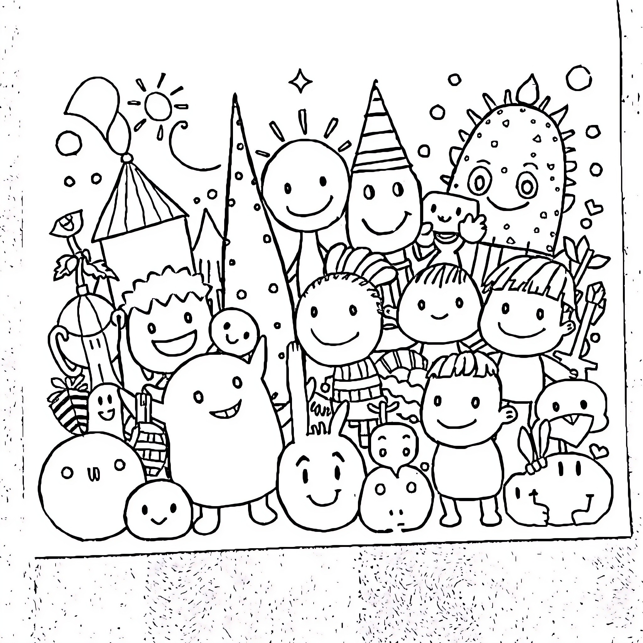 Drawing of a Whimsical Scene with Smiling Characters Coloring Page (free black-and-white line drawing printable PDF for all, from beginners to advanced learners, including children, teens, adults, and seniors)