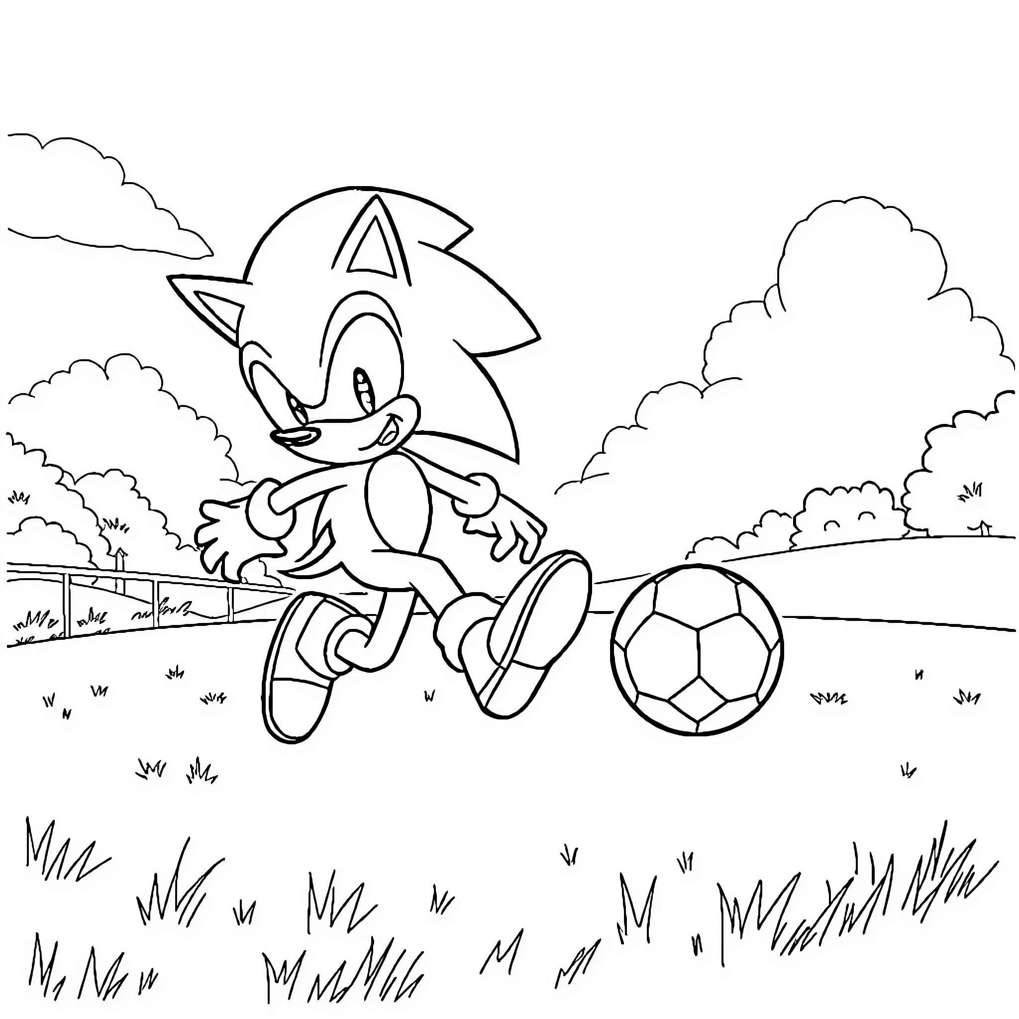 Sonic playing with a soccer ball in a field Coloring Page (free black-and-white line drawing printable PDF for all, from beginners to advanced learners, including children, teens, adults, and seniors)