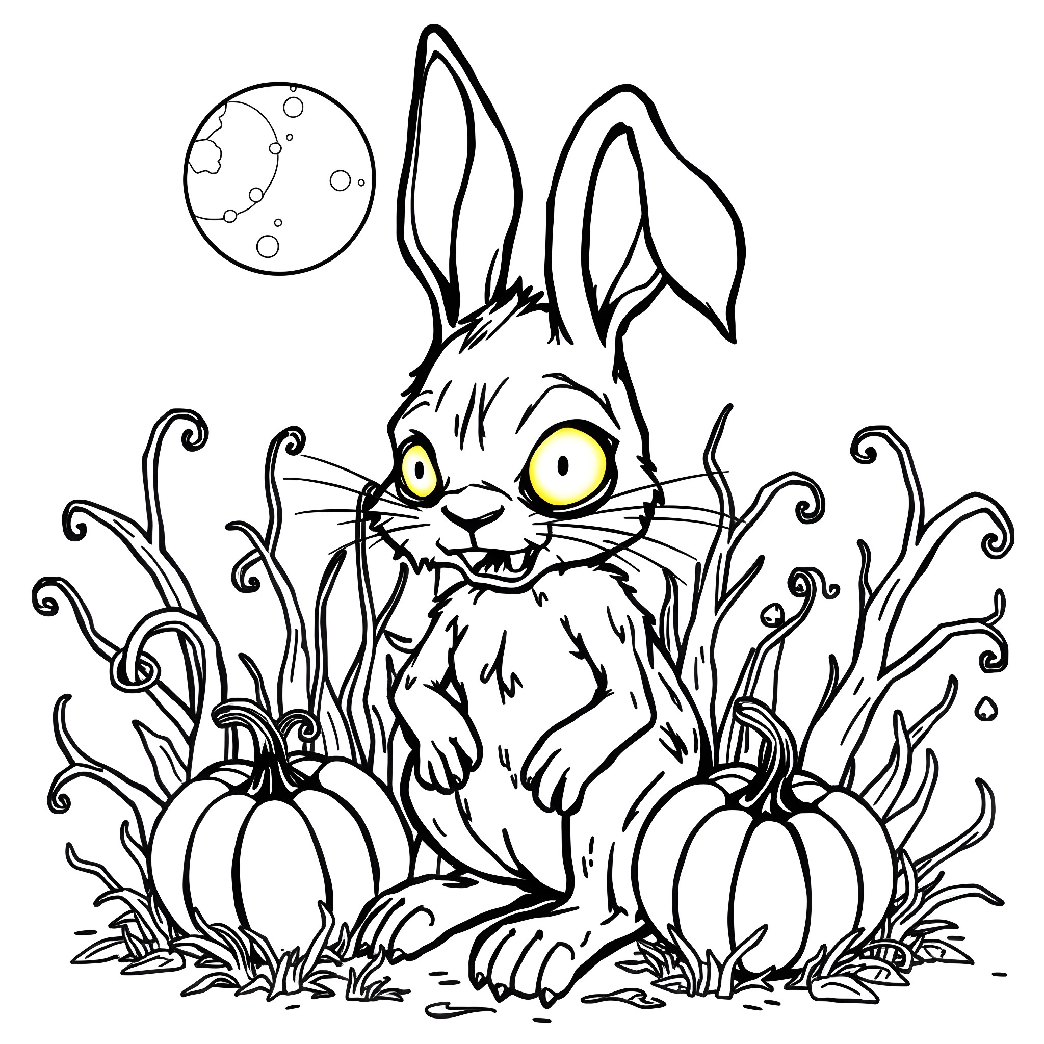 Zombie Bunny with Spooky Pumpkins Coloring Page (free black-and-white line drawing printable PDF for all, from beginners to advanced learners, including children, teens, adults, and seniors)