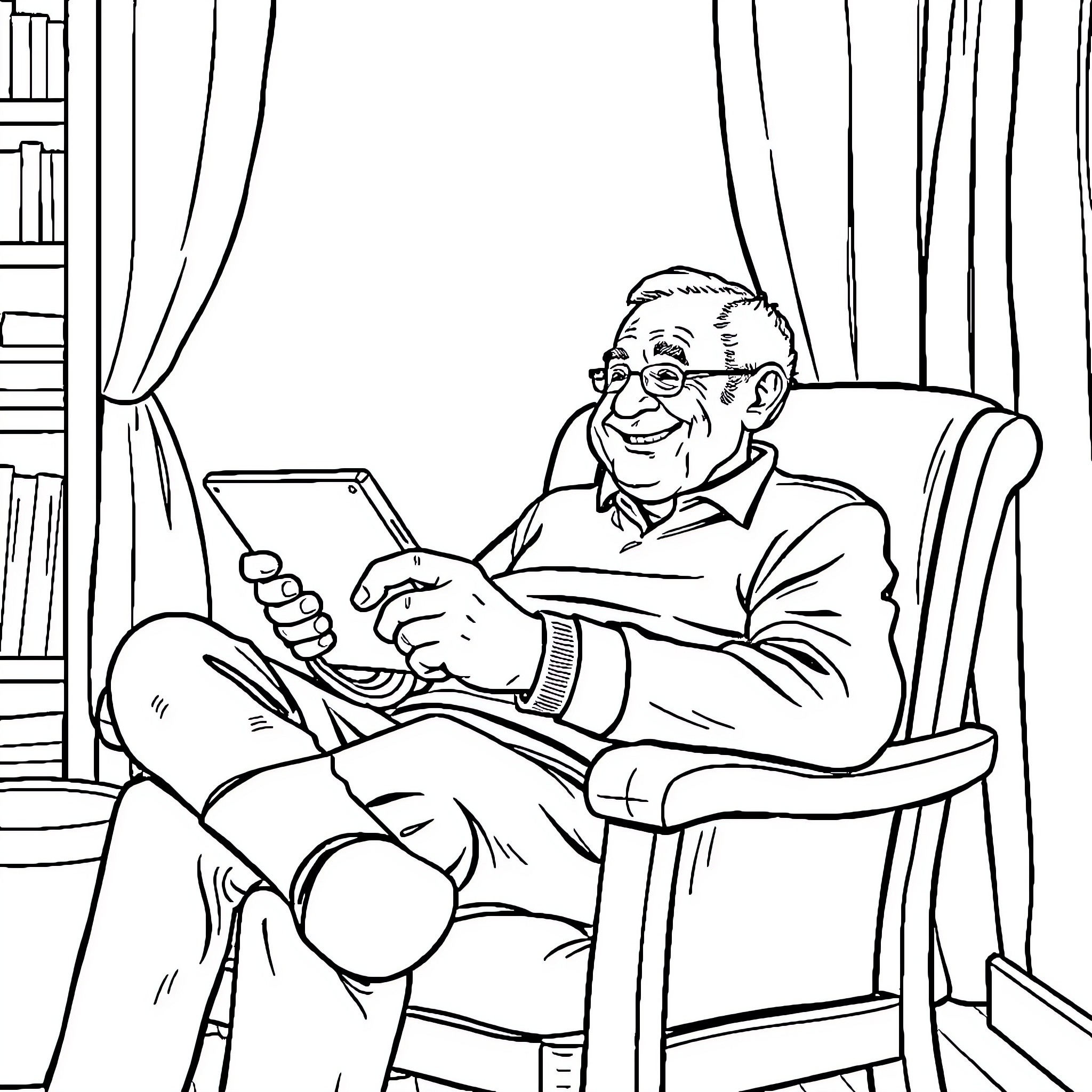 Grandfather relaxing with a tablet device Coloring Page (free black-and-white line drawing printable PDF for all, from beginners to advanced learners, including children, teens, adults, and seniors)