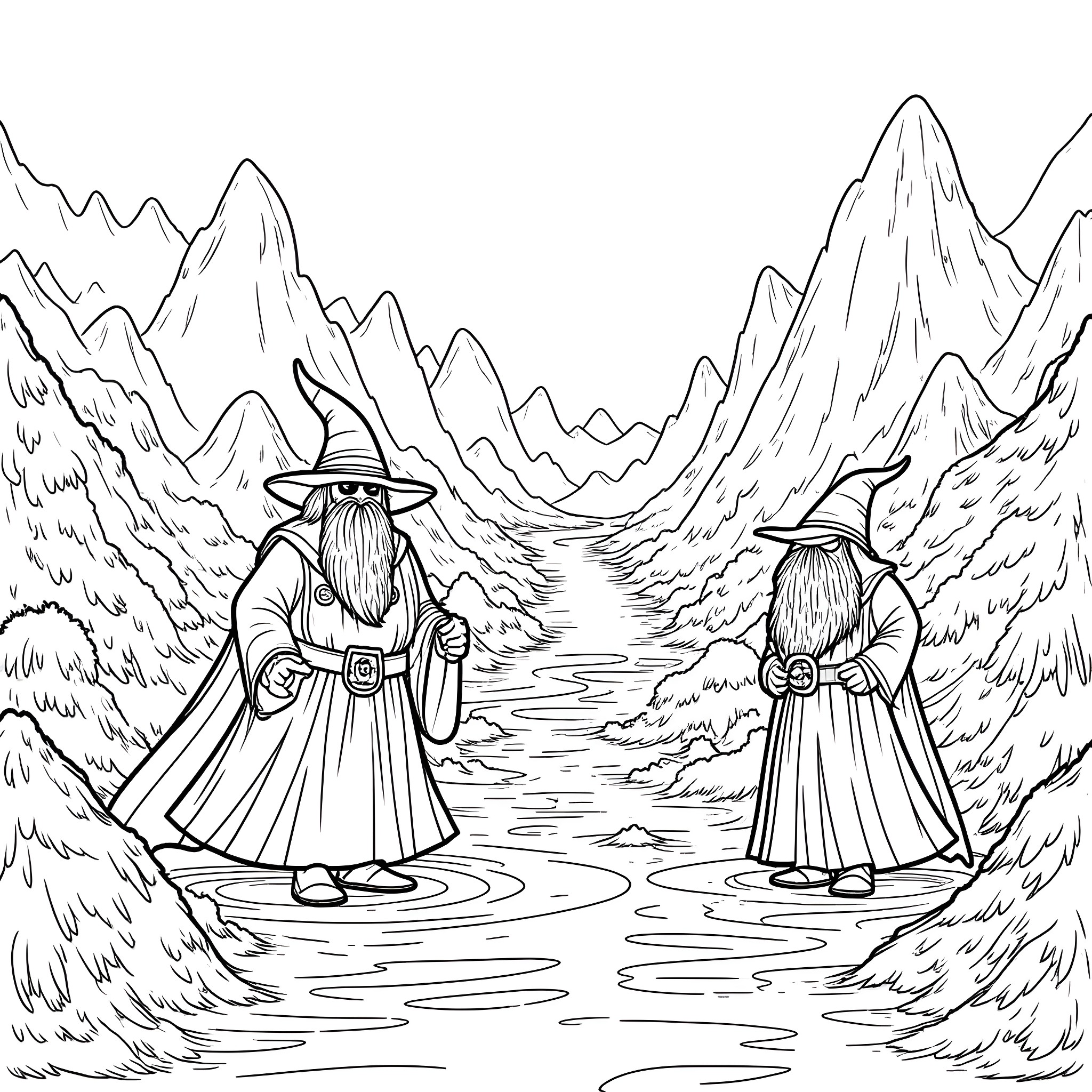 Magic The Gathering - Mysterious Wizards in the Enchanted Mountains Coloring Page (free black-and-white line drawing printable PDF for all, from beginners to advanced learners, including children, teens, adults, and seniors)
