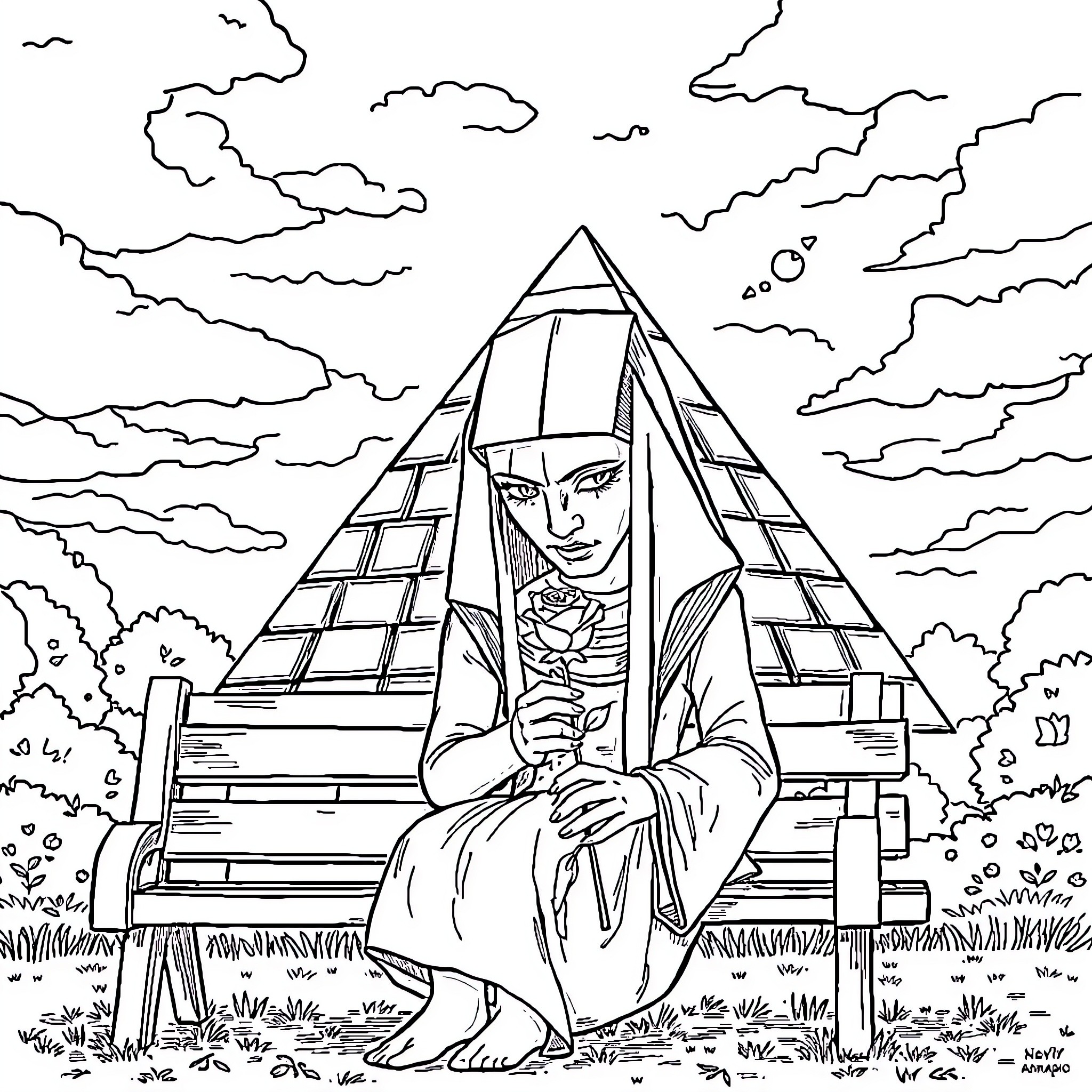 Pyramid Head seated on a throne before a cloudy sky Coloring Page (free black-and-white line drawing printable PDF for all, from beginners to advanced learners, including children, teens, adults, and seniors)