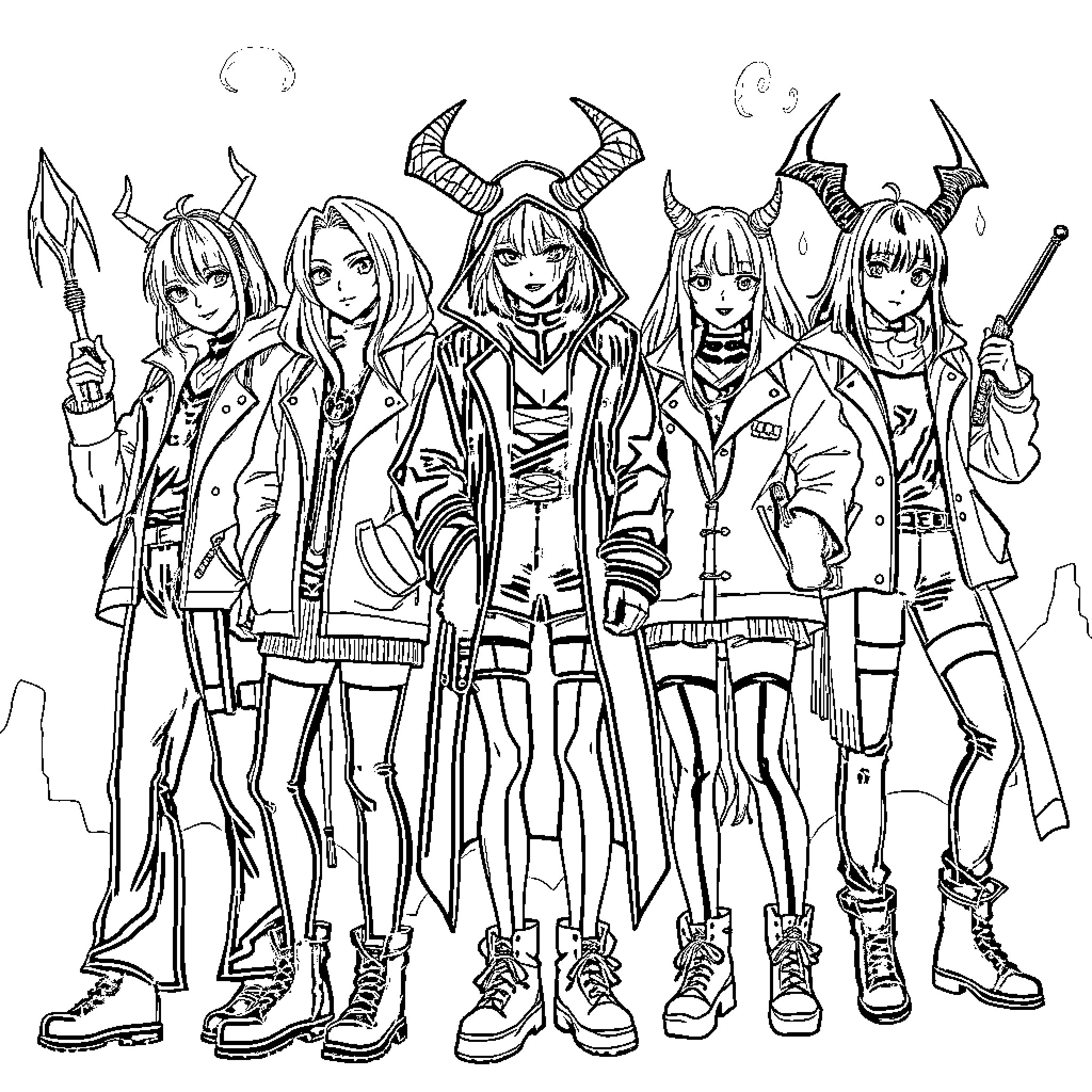 Demon Hunter Squad in Fierce Battle Attire Coloring Page (free black-and-white line drawing printable PDF for all, from beginners to advanced learners, including children, teens, adults, and seniors)