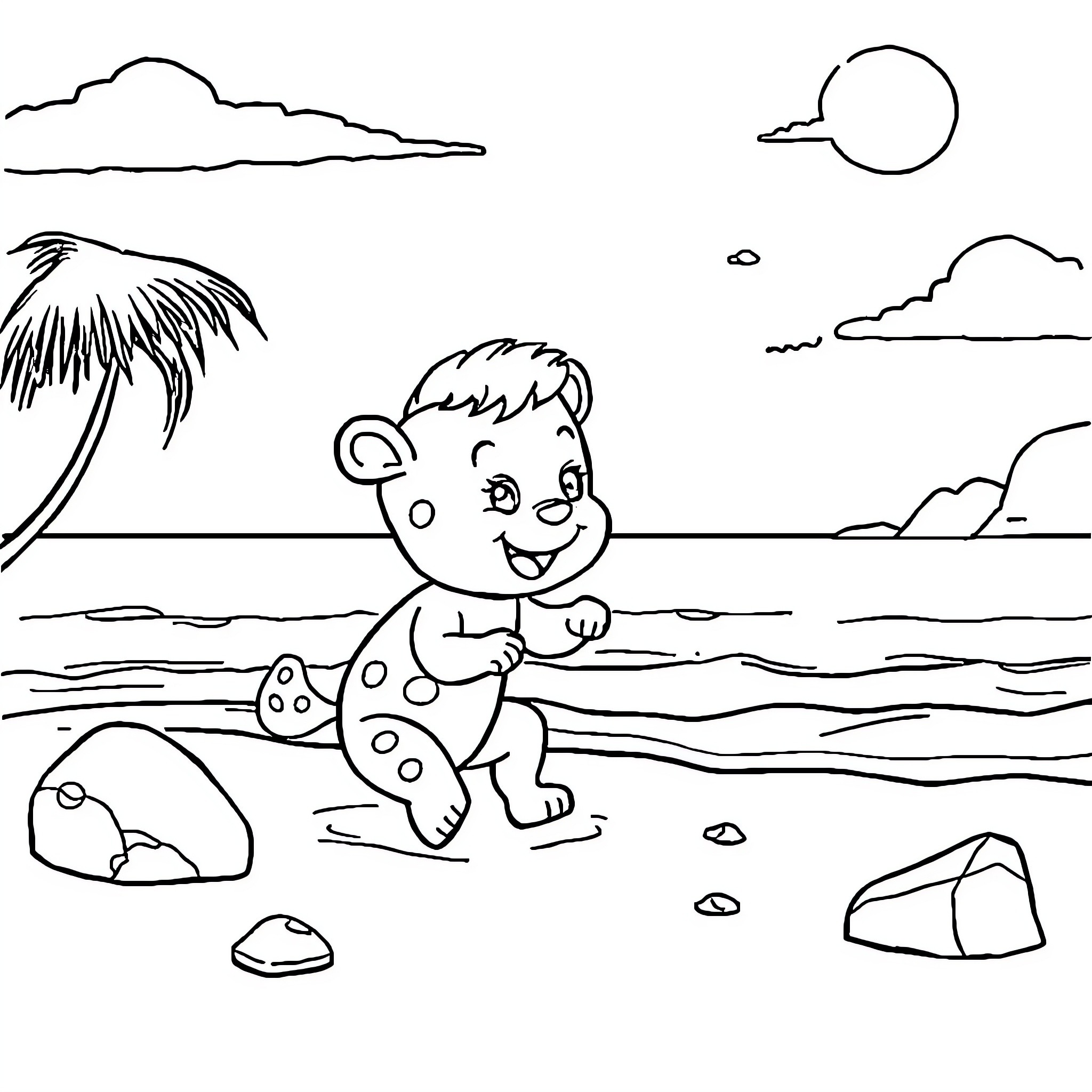 Samsam playing happily on the beach Coloring Page (free black-and-white line drawing printable PDF for all, from beginners to advanced learners, including children, teens, adults, and seniors)