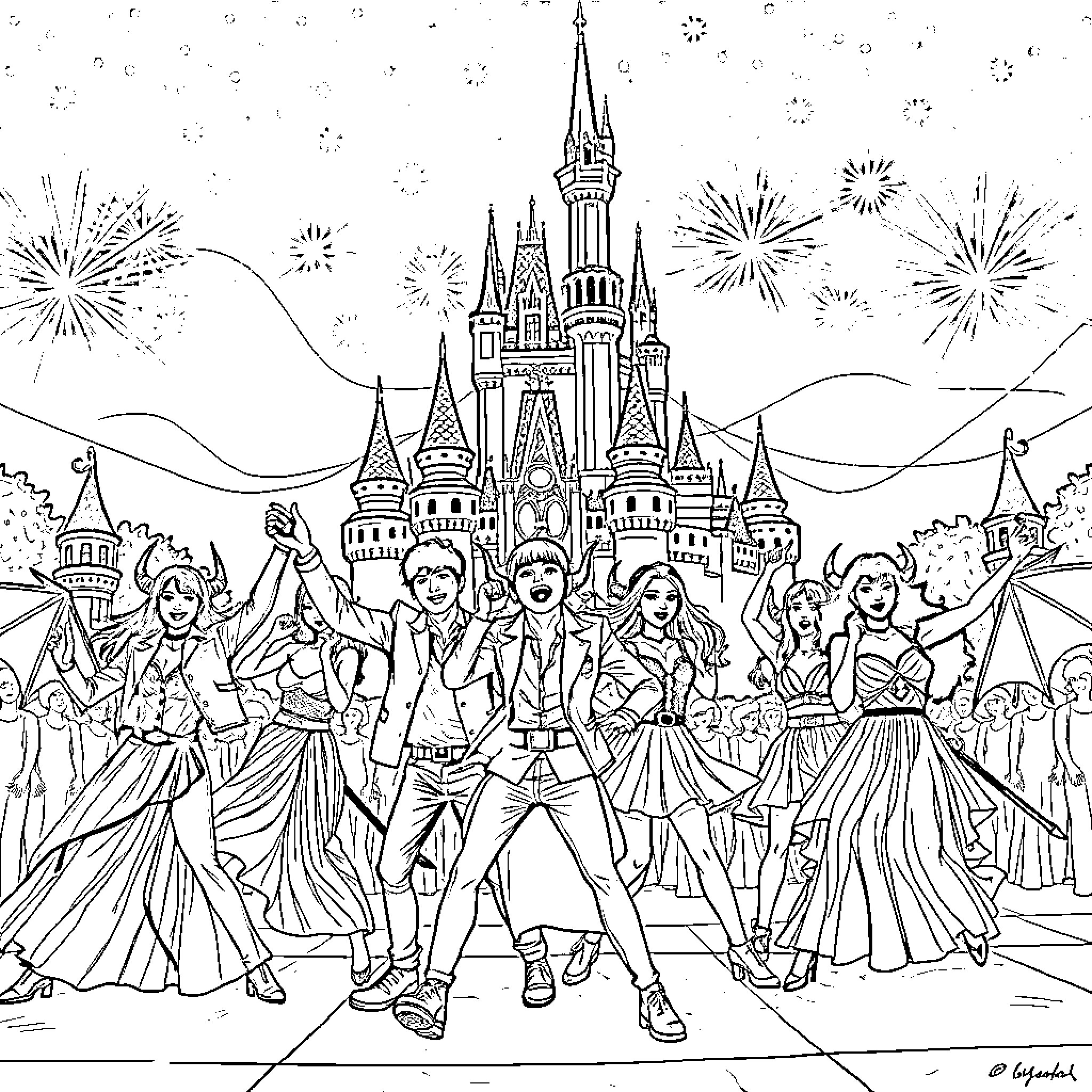 Demon Hunter Battles Enemies at Enchanted Castle Coloring Page (free black-and-white line drawing printable PDF for all, from beginners to advanced learners, including children, teens, adults, and seniors)