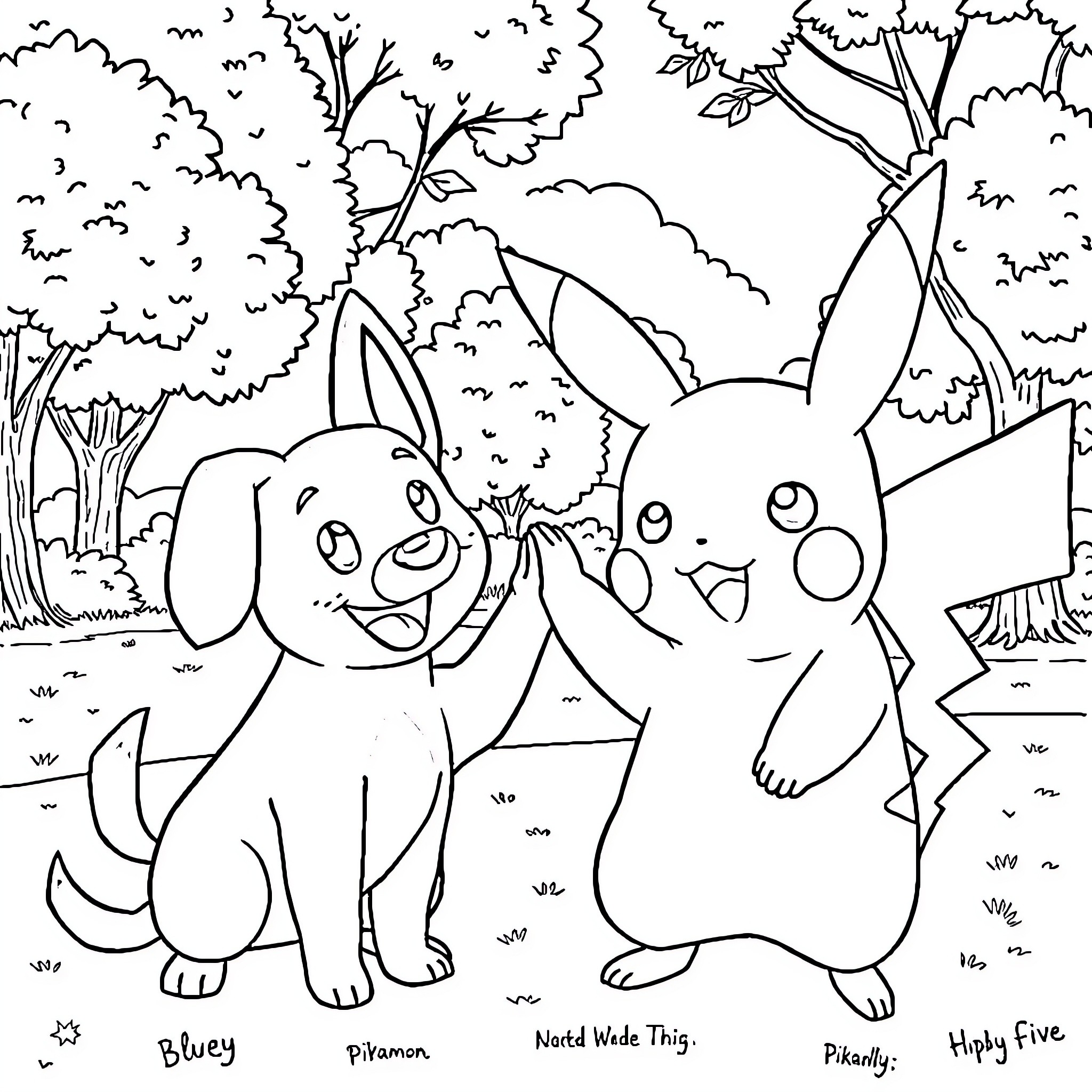 Pikachu and friends in the forest Coloring Page (free black-and-white line drawing printable PDF for all, from beginners to advanced learners, including children, teens, adults, and seniors)