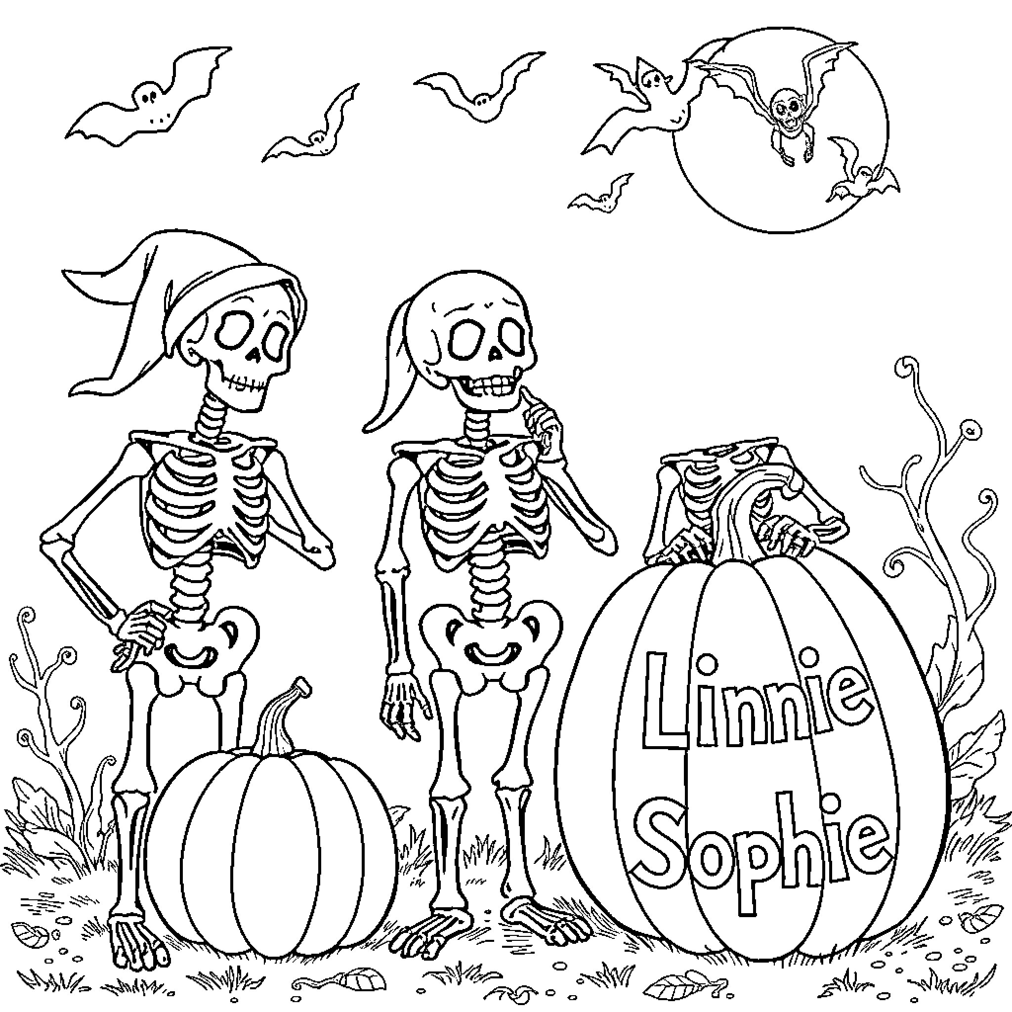 Halloween skeleton friends enjoy pumpkins and bats Coloring Page (free black-and-white line drawing printable PDF for all, from beginners to advanced learners, including children, teens, adults, and seniors)