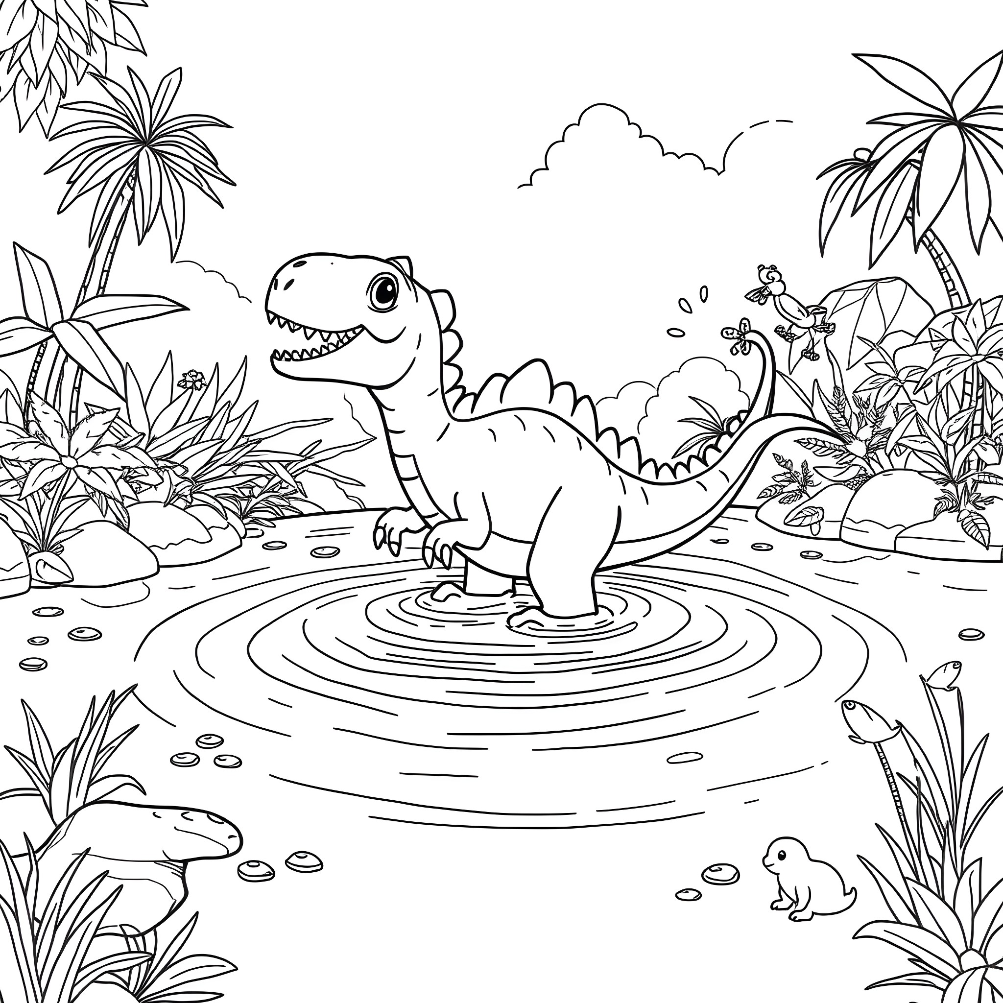 Dinosaur playing in the prehistoric jungle Coloring Page (free black-and-white line drawing printable PDF for all, from beginners to advanced learners, including children, teens, adults, and seniors)