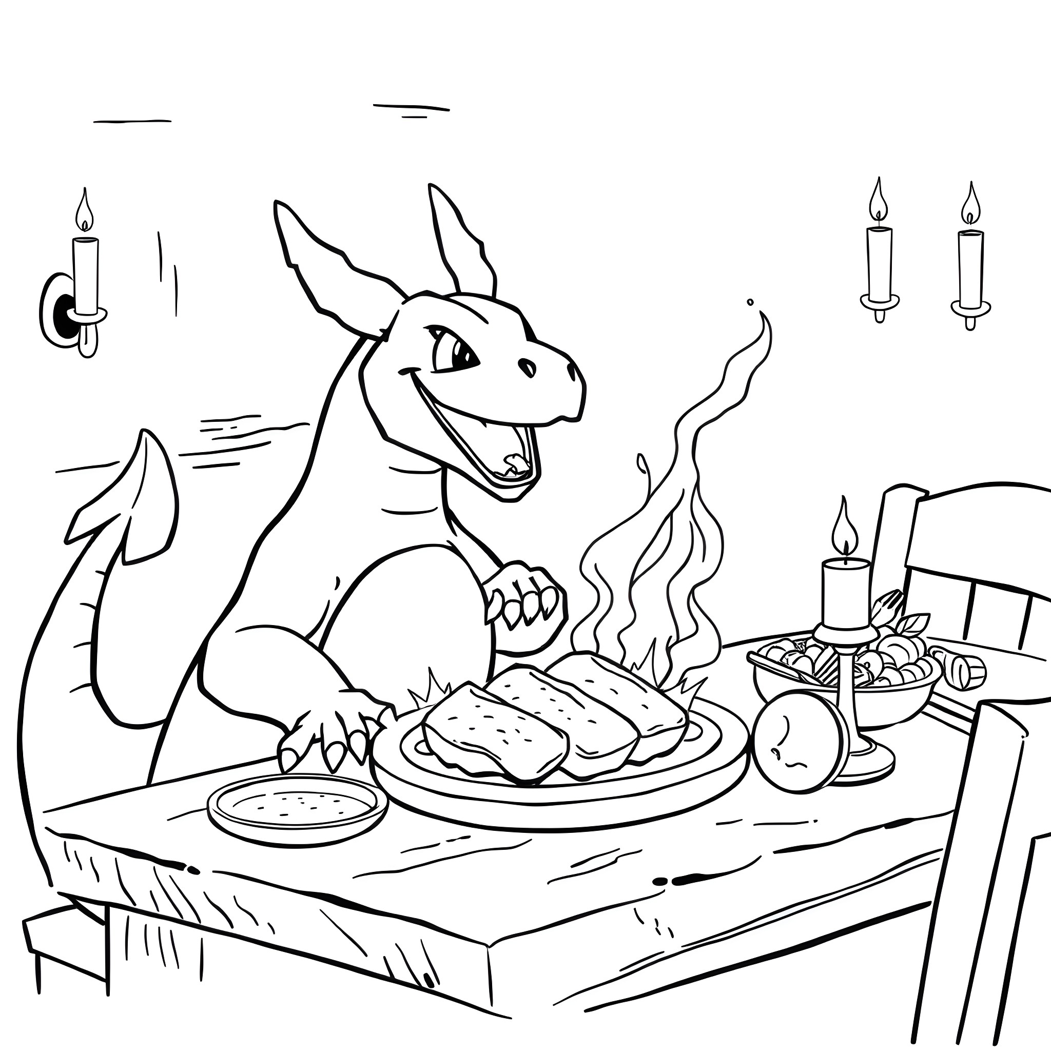Charizard enjoying a hearty meal by the candlelight Coloring Page (free black-and-white line drawing printable PDF for all, from beginners to advanced learners, including children, teens, adults, and seniors)