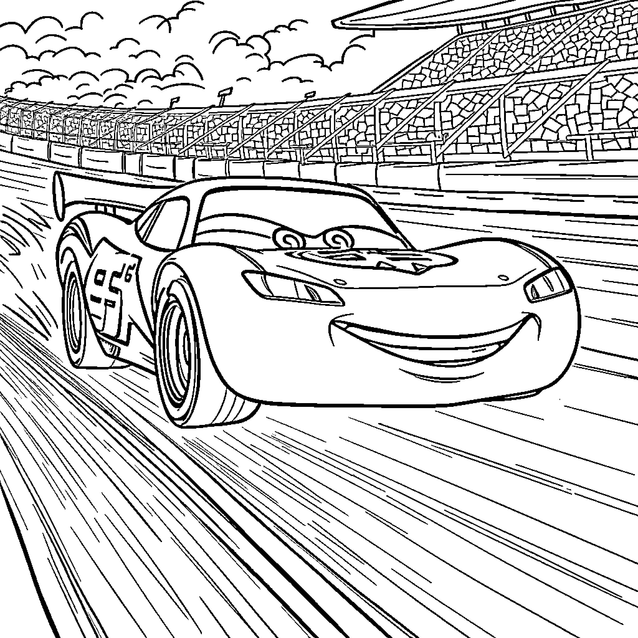 Lightning McQueen Racing on the Track Coloring Page (free black-and-white line drawing printable PDF for all, from beginners to advanced learners, including children, teens, adults, and seniors)