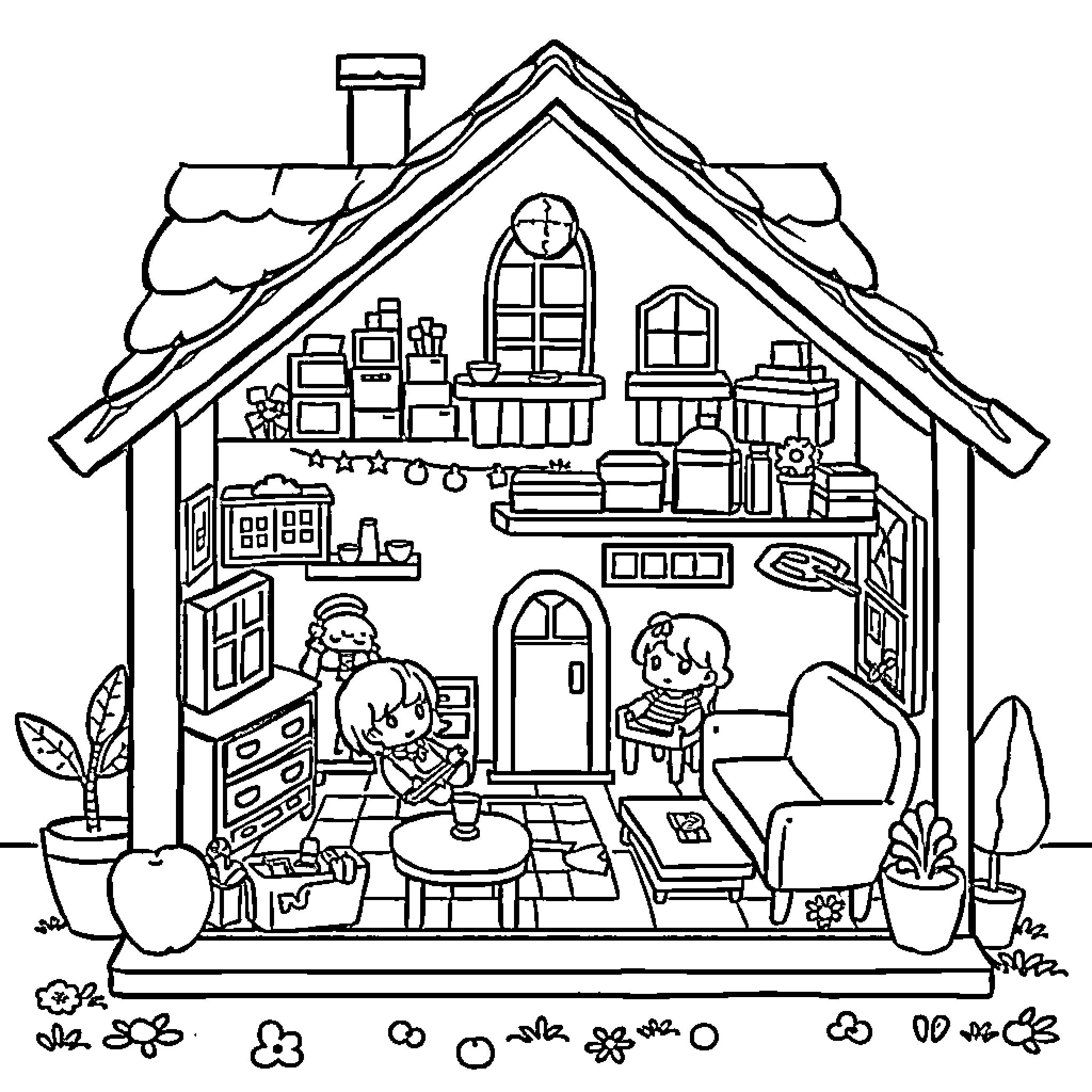 Dollhouse with cozy interior and playful children Coloring Page (free black-and-white line drawing printable PDF for all, from beginners to advanced learners, including children, teens, adults, and seniors)